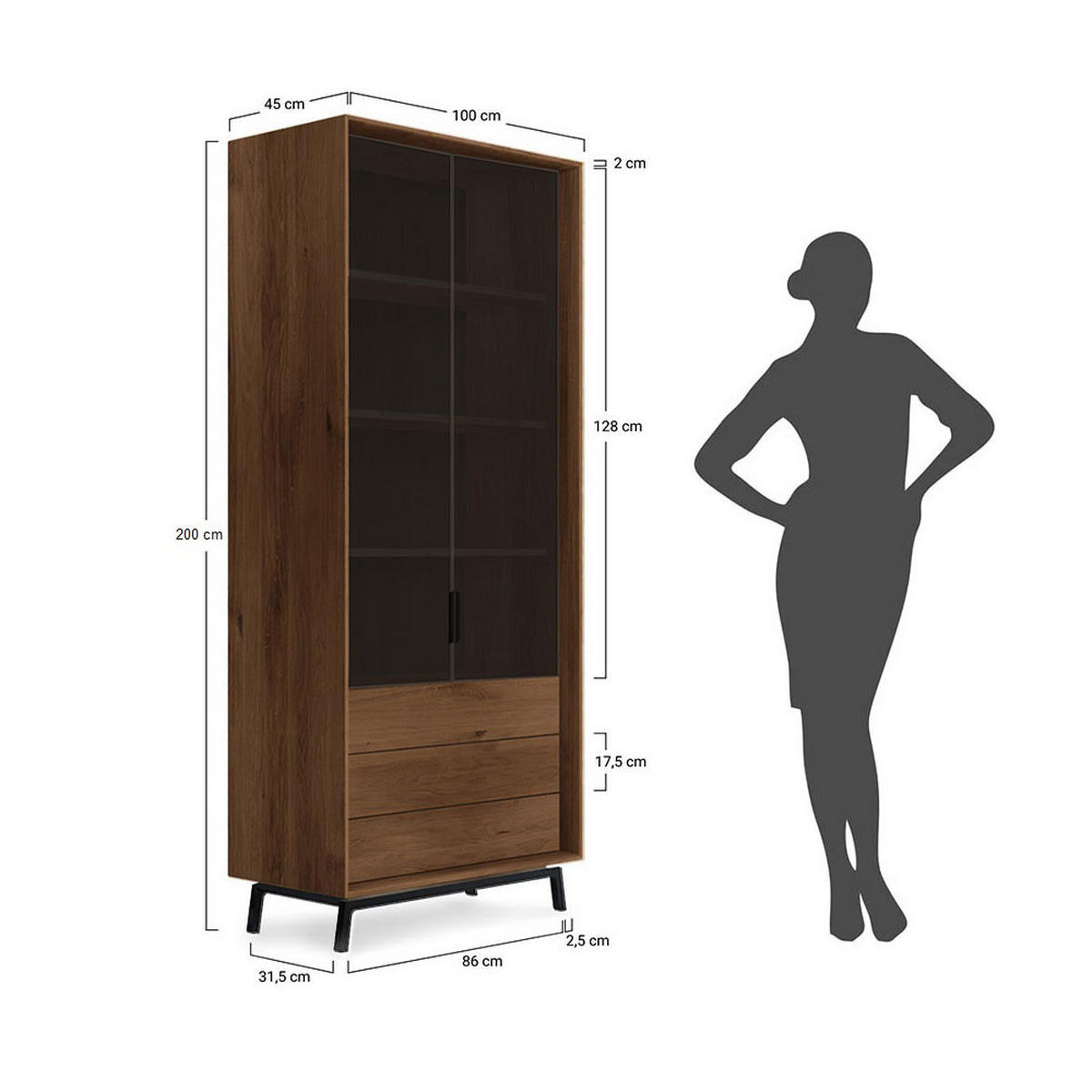 VITRINE Modern Loft Eiche Tabak 100 / 45 / 200cm - Dunkelbraun/Schwarz, Holz (100/200/45cm) - Feldmann-Wohnen