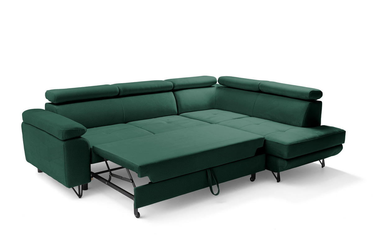 ECKSOFA JUNIOR L Rechts mit Schlaffunktion 194x128 Velours Dunkelgrün - Dunkelgrün/Schwarz, Holz/Textil (184/249cm) - Muffo