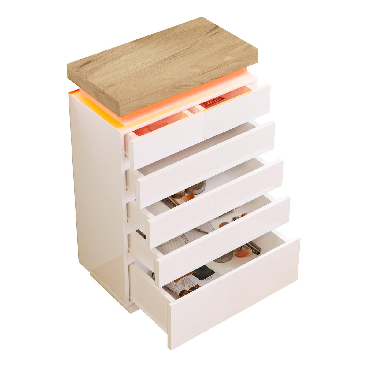 SIDEBOARD in Hochglanz mit 6 Schubladen und LED (App und Touch), 73/39/115 cm, Weiß - Weiß, Holzwerkstoff (73/115/39cm) - Redom