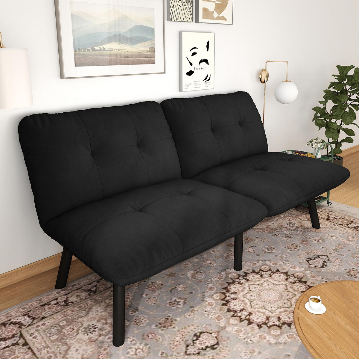 SOFA-BETT klappbar Schwarz Samt - Schwarz, Metall (160/78/81cm) - Meubliv