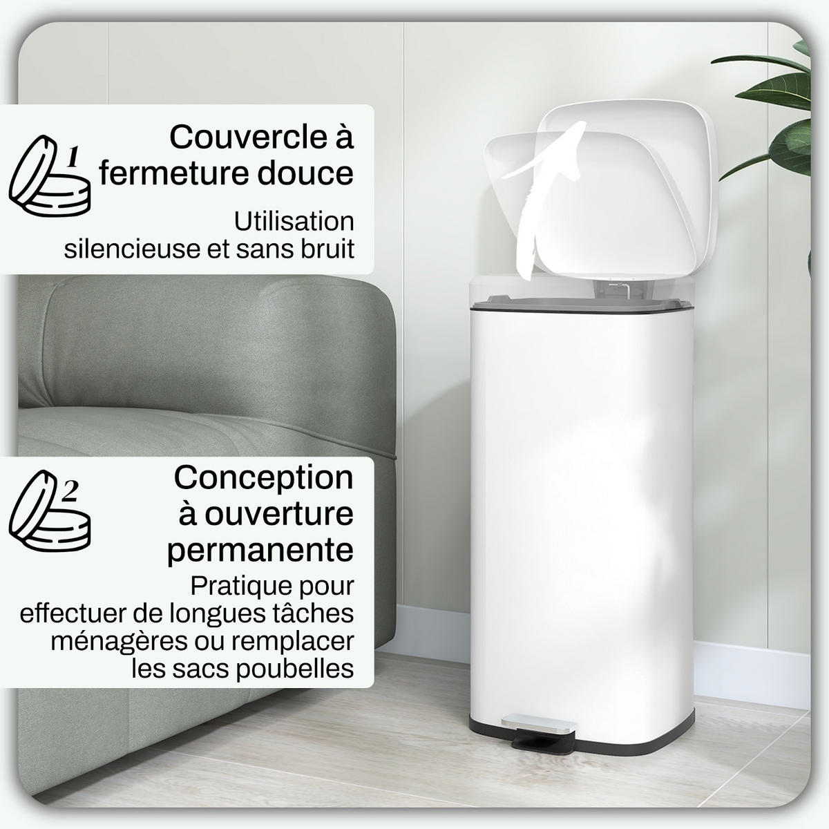 MÜLLEIMER KÜCHE 30L Treteimer weiß 35/28/63,5 cm Metall Softclose - Weiß, Metall (28/63.5/35cm) - Rolipo