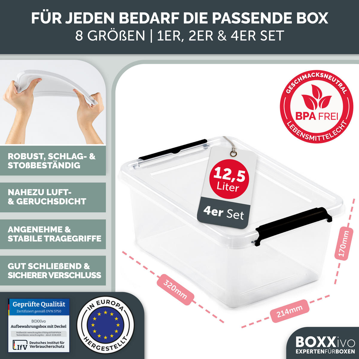 AUFBEWAHRUNGSBOXEN mit Deckel 12,5l im 4er Set - Transparent, Kunststoff (29/17/39cm) - BOXXivo