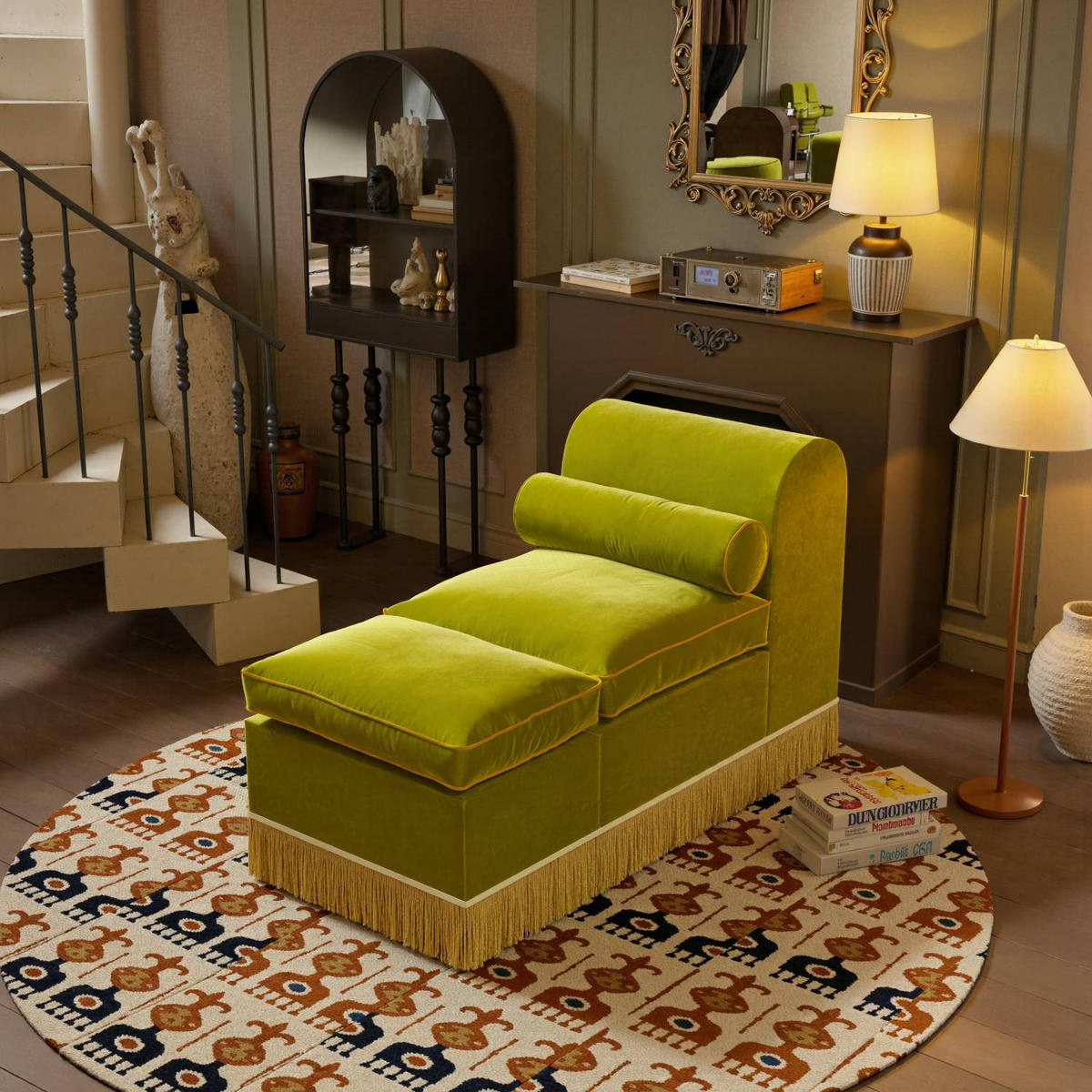 LOUNGESOFA mit Quasten Einzelsofa Luxus und Premium Samt - Olivgrün, Textil (60/80/130cm) - Vercart