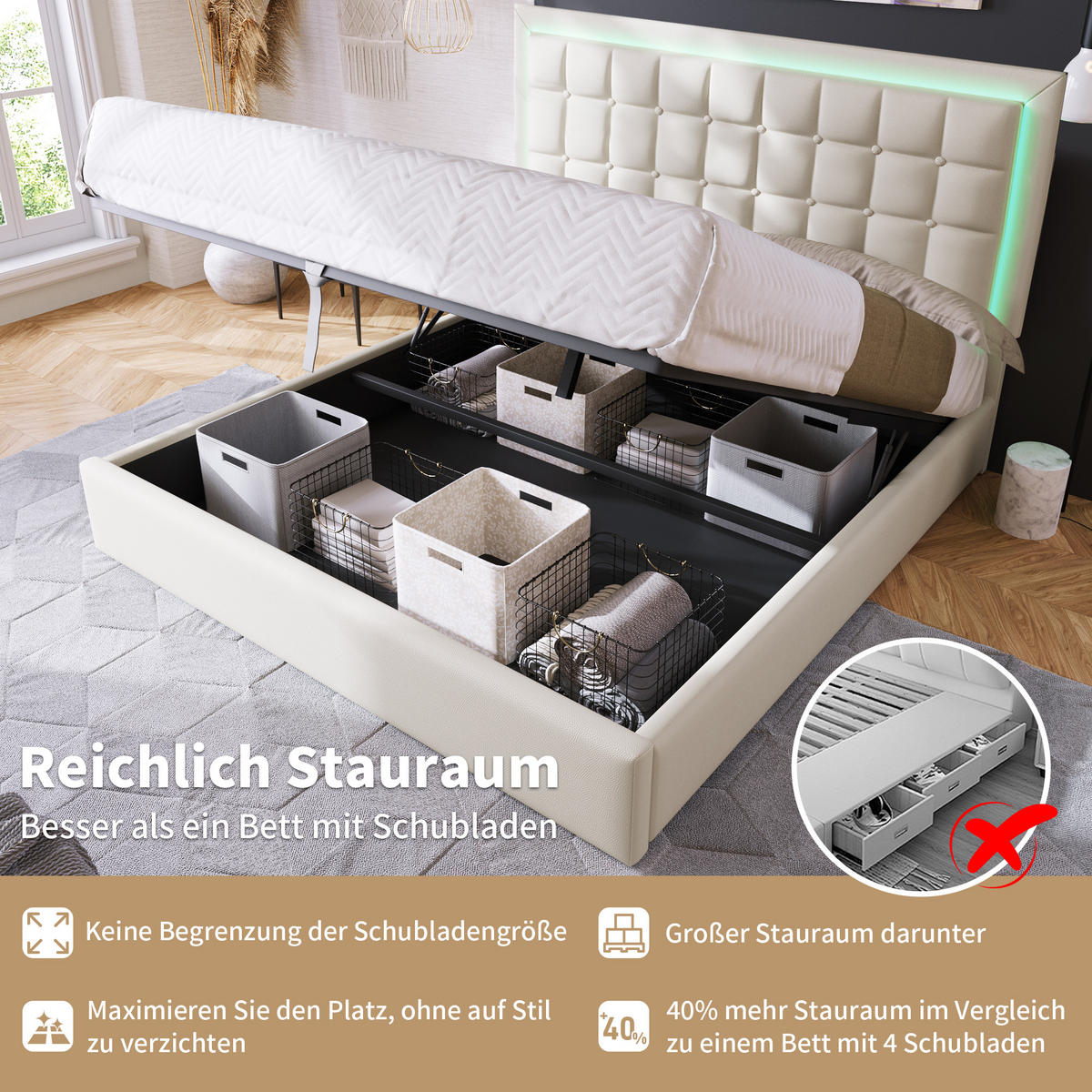 STAURAUMBETT 180/200 cm DE-00021, in Weiß, hydraulischem Lattenrost und LED - Weiß, Metall (180/200cm) - ComfortXL