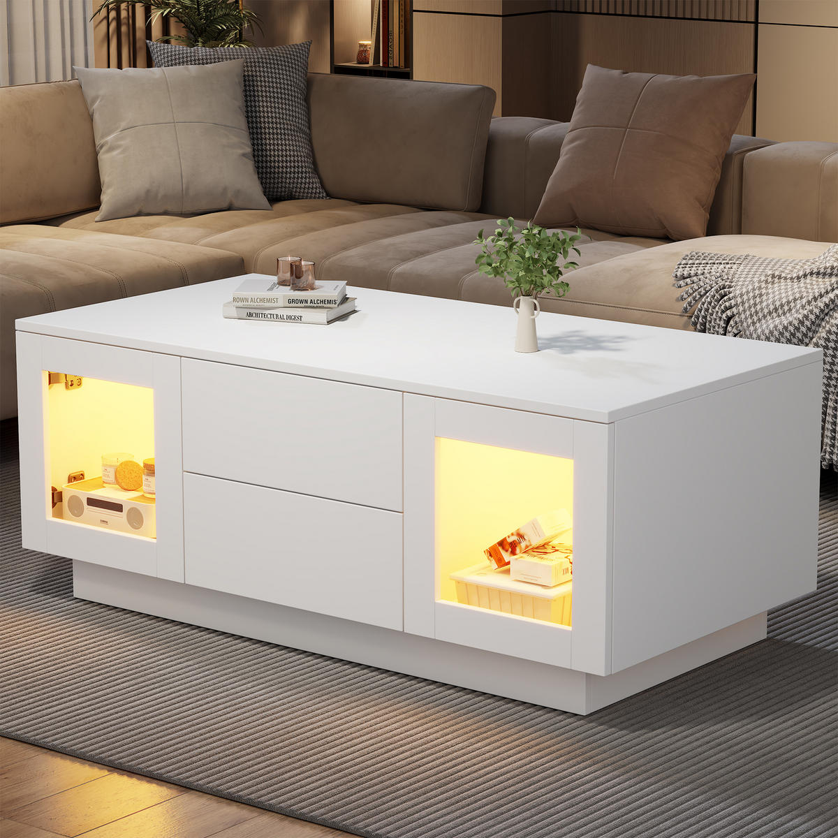 COUCHTISCH Hochglanz mit App-LED Weiß 100/50/40 cm - Weiß, Holzwerkstoff (100/50/40cm)