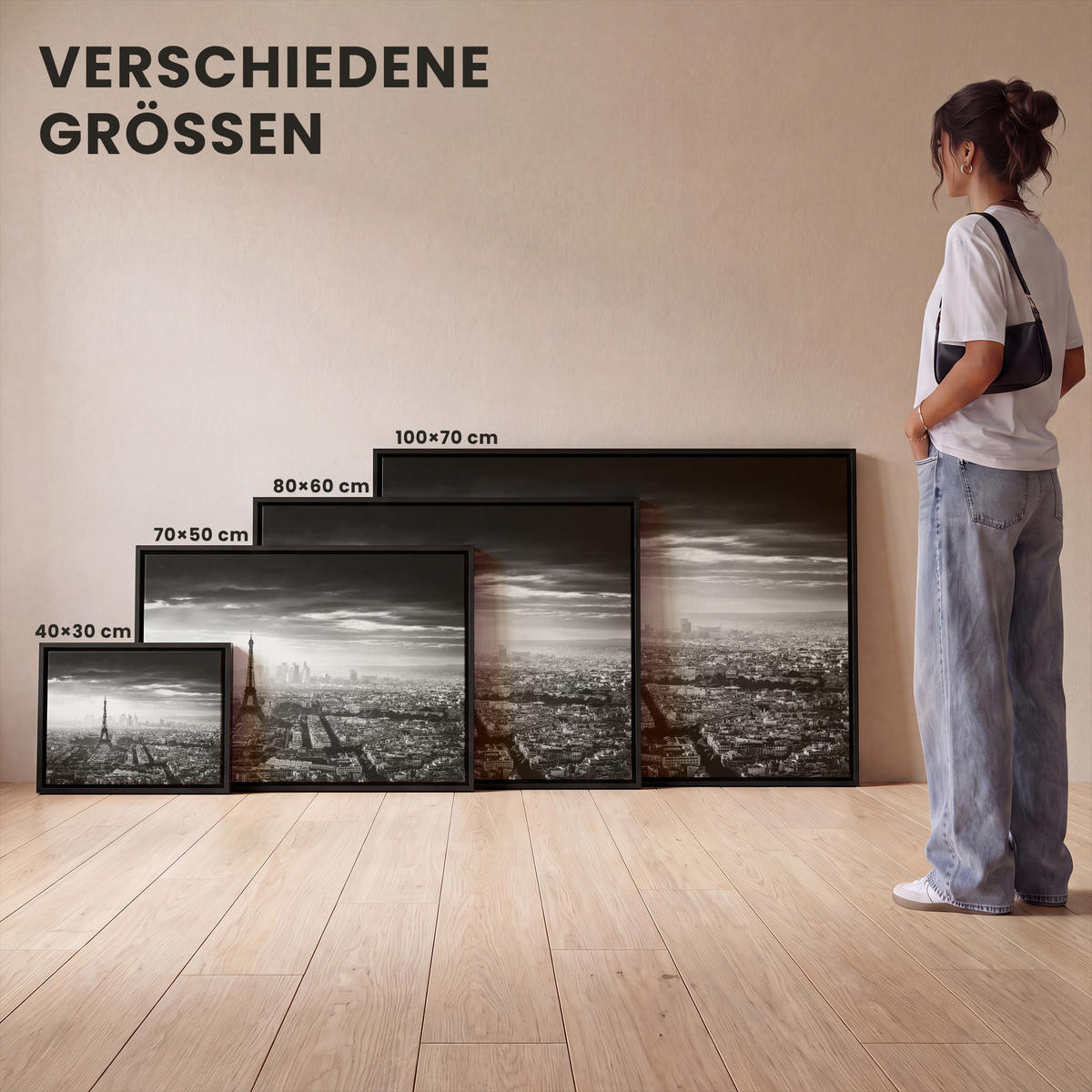 LEINWAND Bilder mit Rahmen - Paris - Skyline - Eiffelturm - Stadt - Wolken - 70x50 - Dunkelgrau, Textil (70/50cm) - MuchoWow