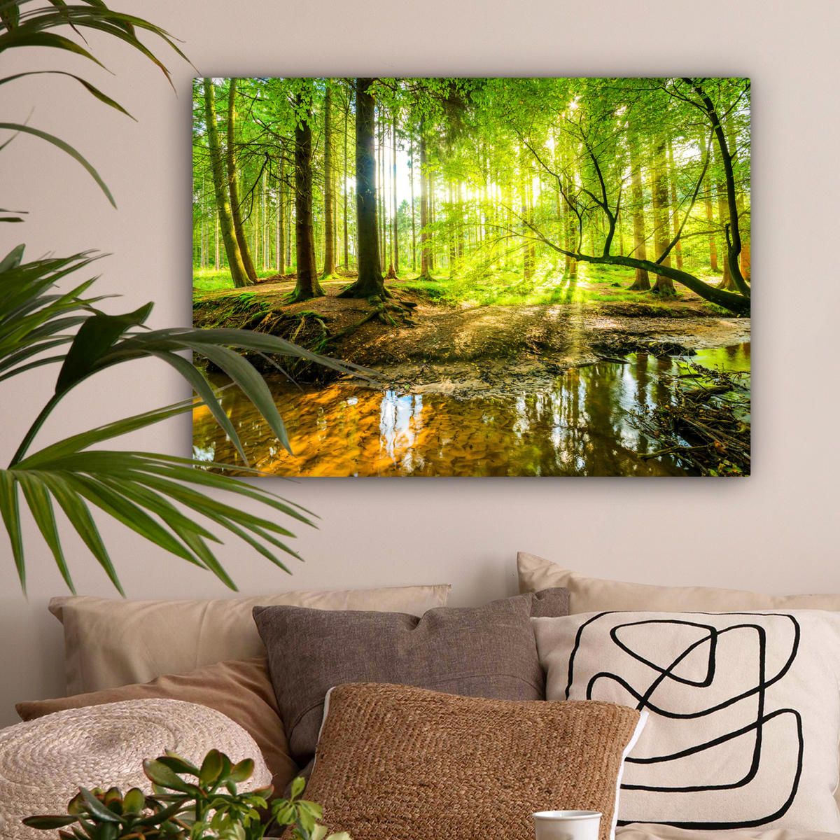 LEINWANDBILD Wald - Landschaft - Wasser - Bäume - Sonne - Grün - Natur Wandbilder 80x60 cm - Grün, Textil (80/60cm) - MuchoWow