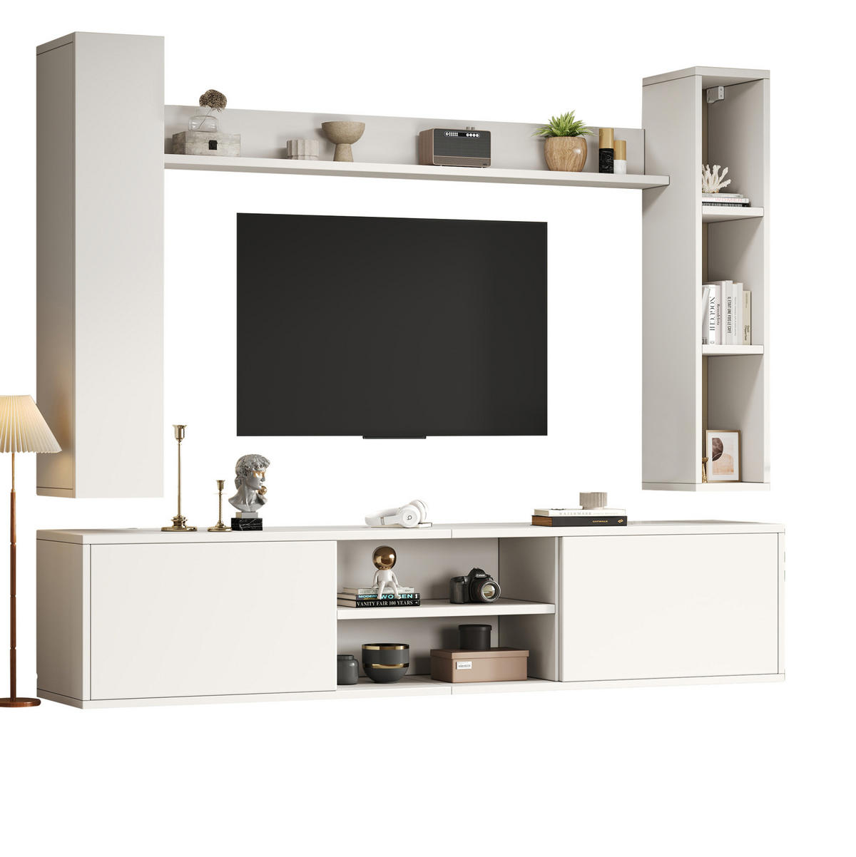 TV-WOHNWAND-SET(KOMPLETT-SET, 4-St) 180/35/33,5 cm aus Spanplatte mit flexibler Wand- und Standmontage Weiß - Weiß, Holzwerkstoff (180/33.5/35cm) - Modenvie