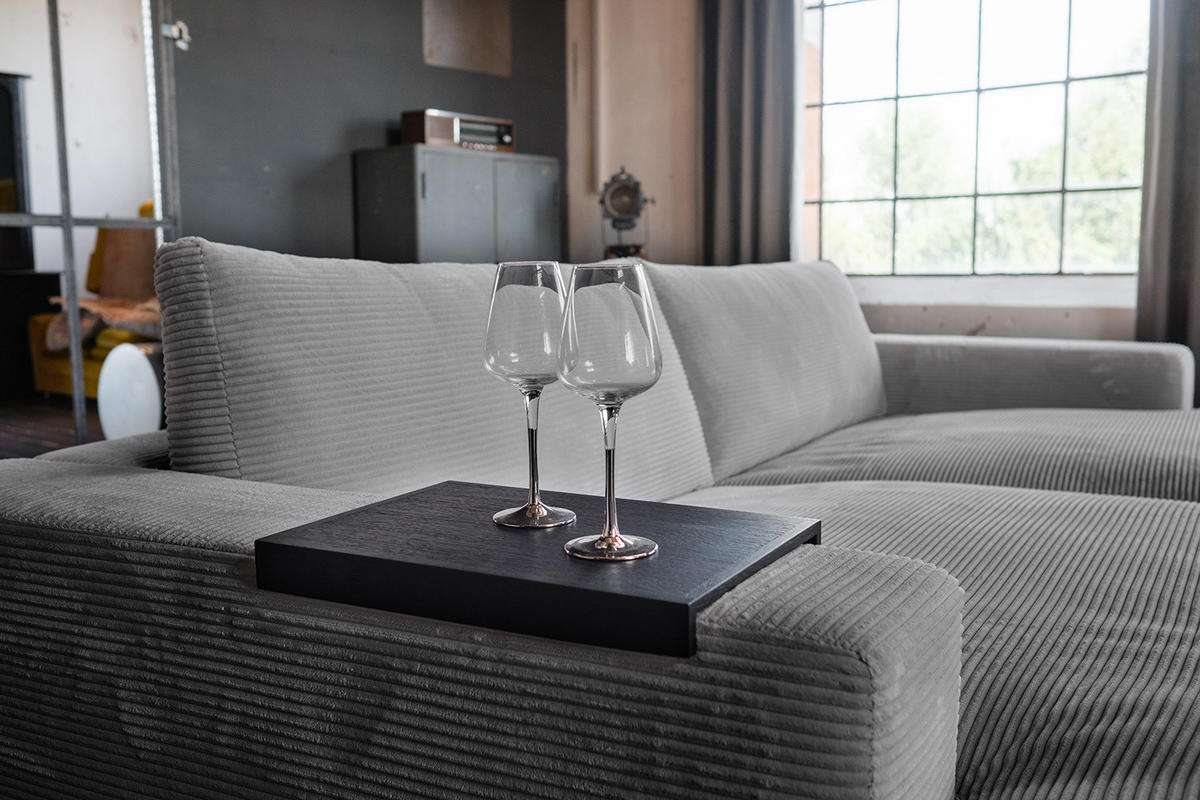 BIG SOFA-SET MIT TABLETT SCHWARZ MADELINE Grau Cord - Schwarz/Grau, Kunststoff/Textil (290/85/170cm) - KAWOLA