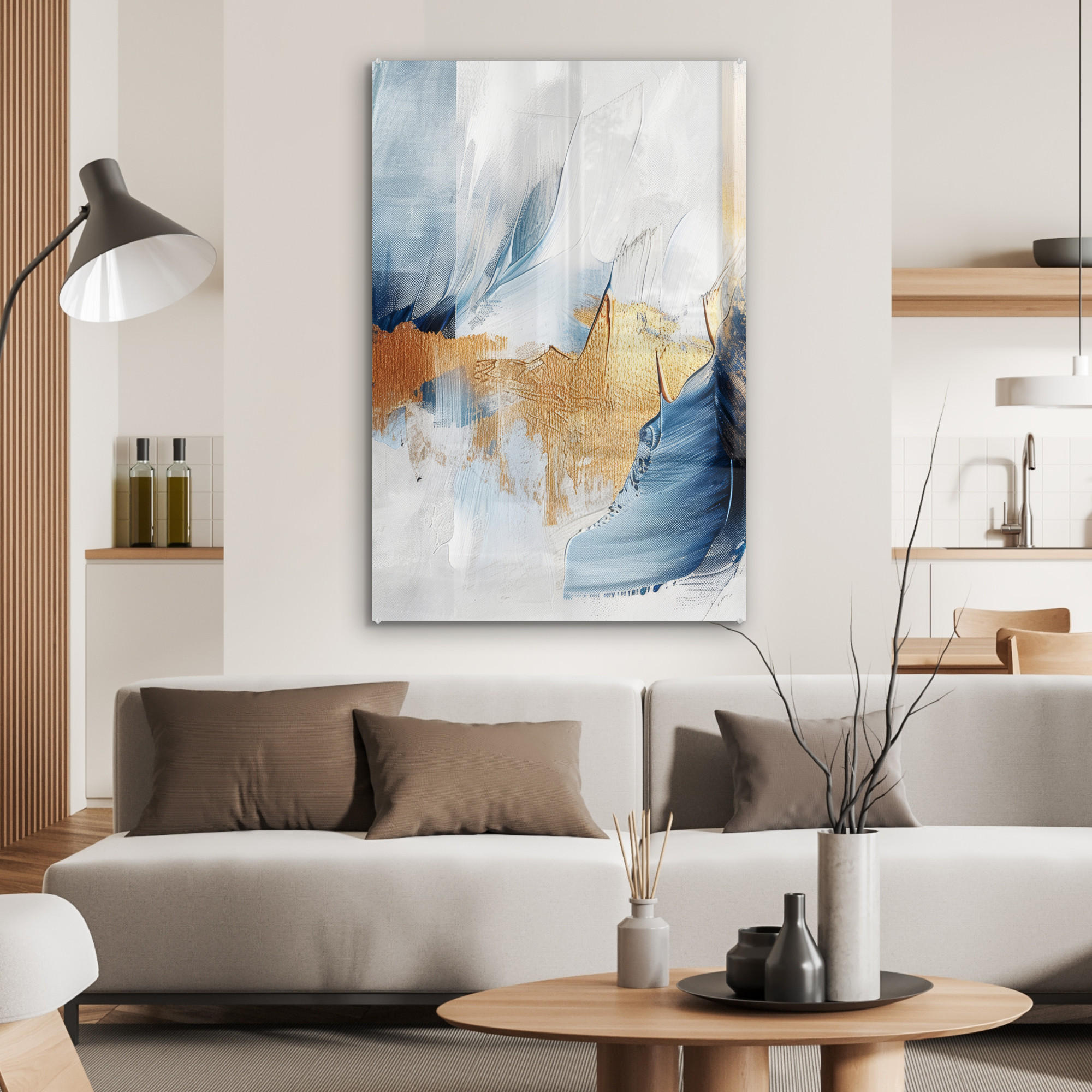 ACRYLGLASBILD Gold - Blau - Aquarell - Kunst - Modern 60x90 cm - Hellblau, Glas (60/90cm) - MuchoWow