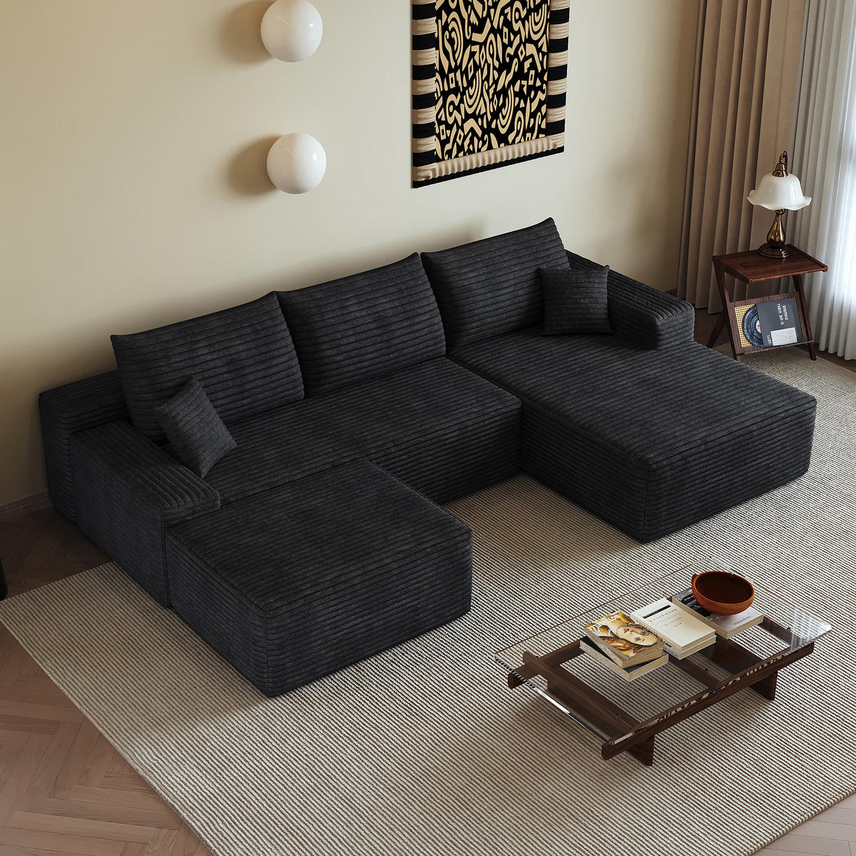 WOHNLANDSCHAFT DE-34857 U-Form 2-Sitzer Chaiselongue rechts Schwarz - Schwarz, Textil (175/83/270cm) - ComfortXL