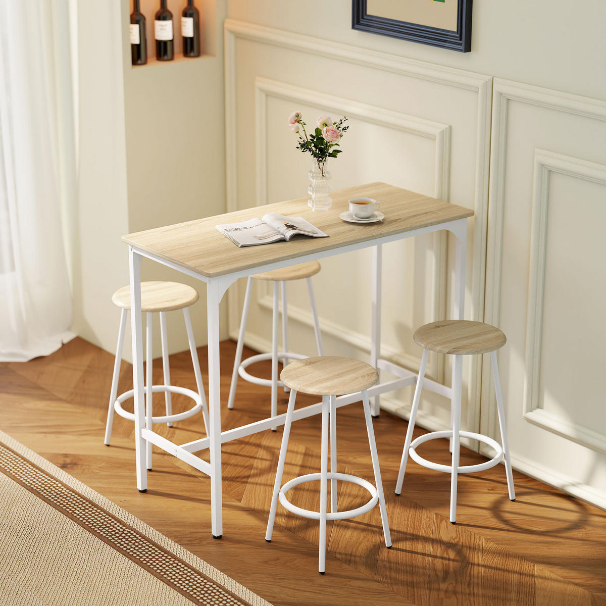 BARTISCH-SET DE-14809 4 Hocker mit Fußstütze Holzoptik/Weiß - Braun, Metall (110/50/89.5cm) - ComfortXL