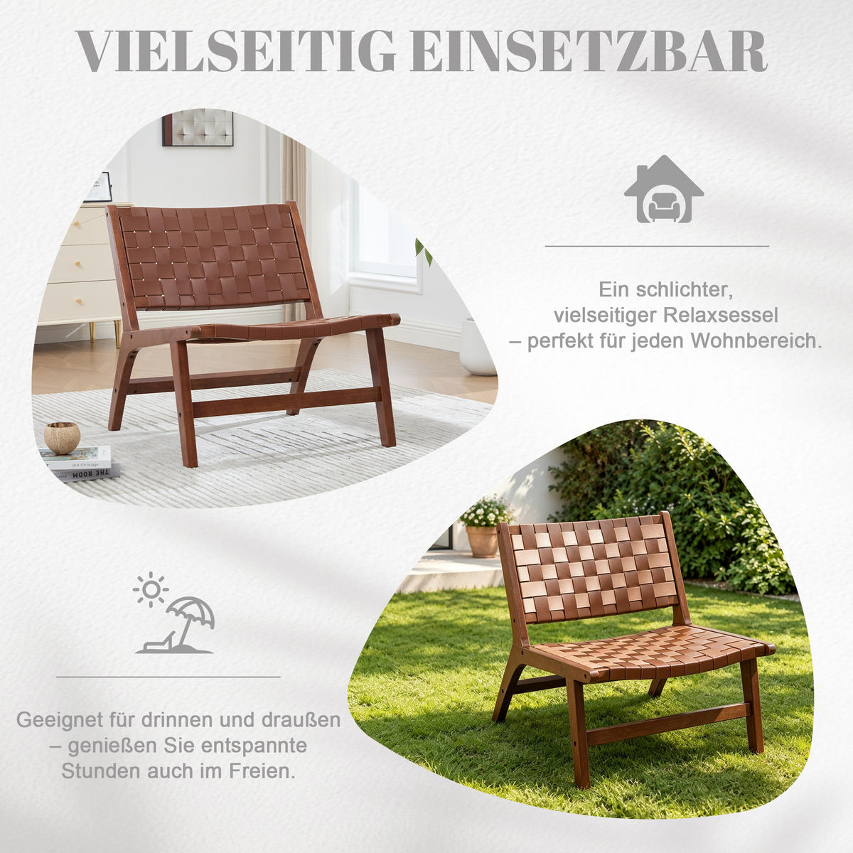 RELAXSESSEL mit Holzgestell, Kunstleder Flechtwerk, Breite Sitzfläche, Braun - Braun, Holz (66/72/71cm) - LVHOM