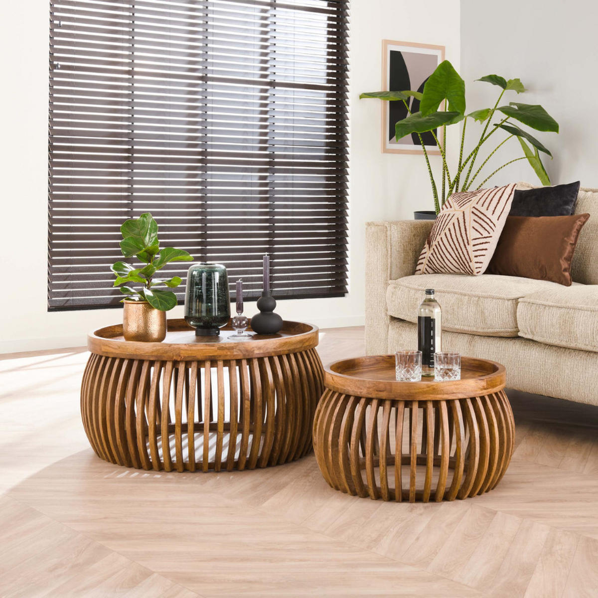 COUCHTISCH-SET DARIO GLOBE Satztische in edler Lamellen-Optik - Sandfarben, Holz (78/78/40cm) - alesvelt