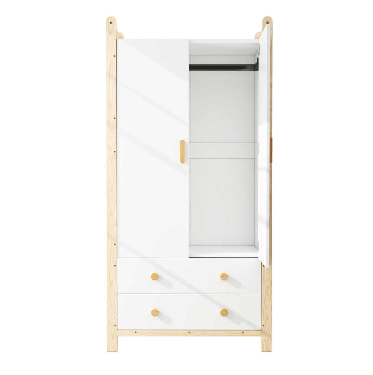 KLEIDERSCHRANK aus Kiefernholz und Spanplatte 89,6x44x180,5 cm Natur/Weiß mit Kleiderstange und 2 Schubladen - Naturfarben, Holzwerkstoff (90/180/45cm) - Modfu