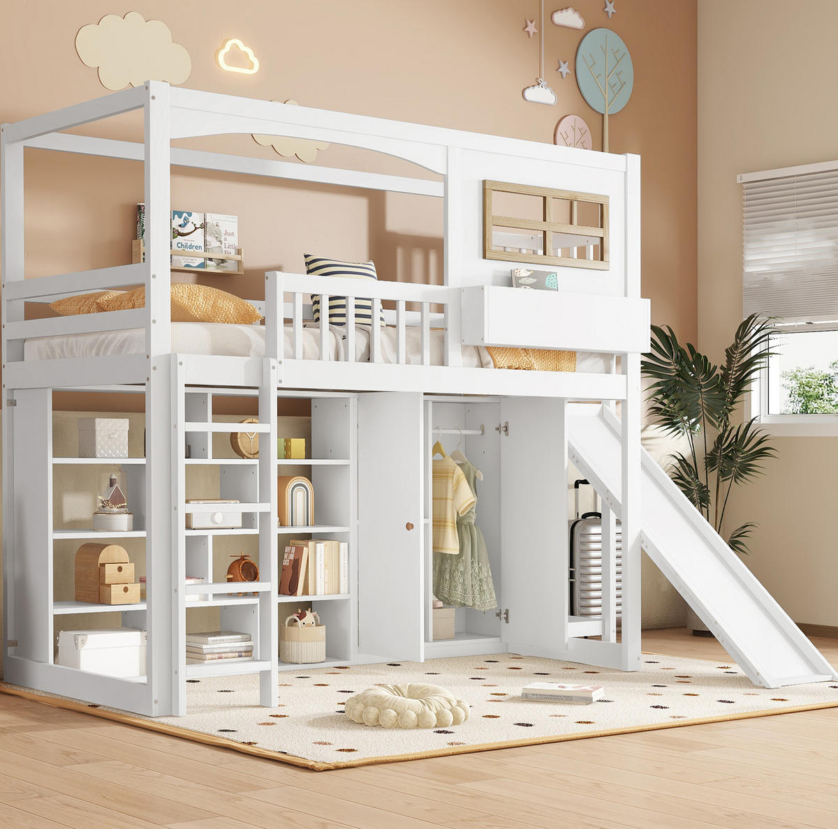 ETAGENBETT 90/200 cm in Weiß/Natur mit Rutsche, Kleiderschrank und Regal - Weiß, Holzwerkstoff (90/200cm) - OKMYHOME