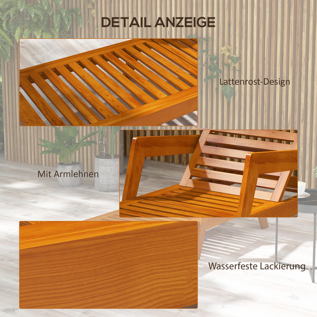 SONNENLIEGE, Gartenliege aus Holz, Wetterfest Relaxliege für Balkon, Terrasse, Orange - Orange, Holz (66/73.5/190cm) - Outsunny