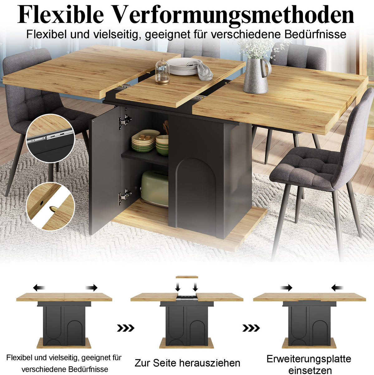 ESSTISCH aus MDF 110-140x80x76 cm Schwarz/Natur ausziehbar mit Stauraum und Soft-Close-Tür - Schwarz, Holzwerkstoff (140/80/76cm) - Modfu