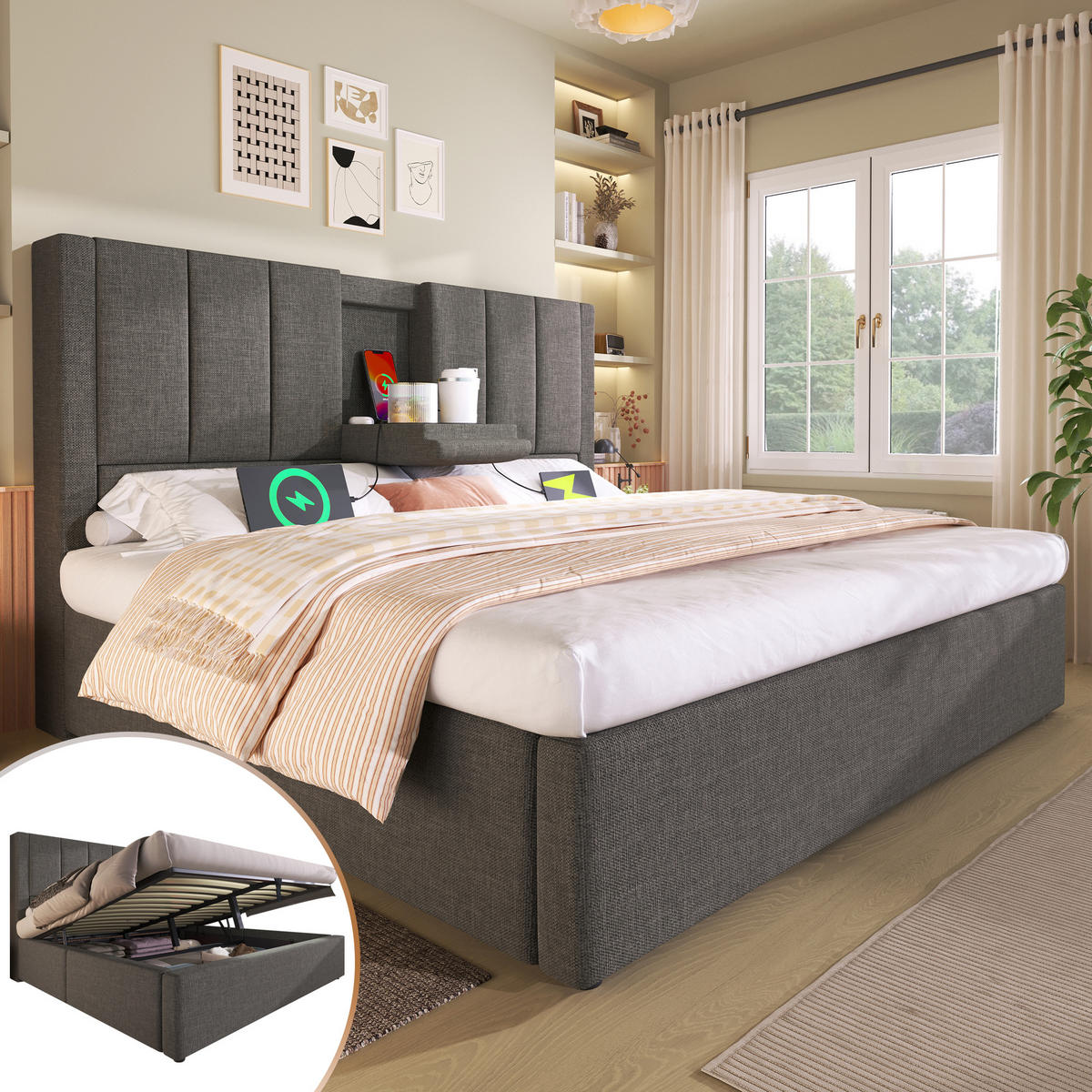POLSTERBETT 180/200 cm Grau aus Leinen mit Stauraum und USB-Ladestation - Grau, Textil (180/200cm) - OKWISH