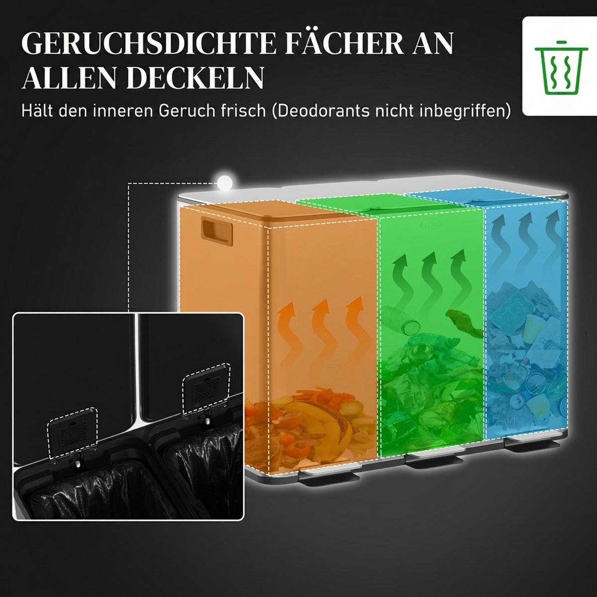 MÜLLEIMER 3x10L Abfalleimer aus Edelstahl mit Softclose Deckel Deodorant-Fächern - Silberfarben, Metall (34.5/38.6/49.6cm) - HOMCOM