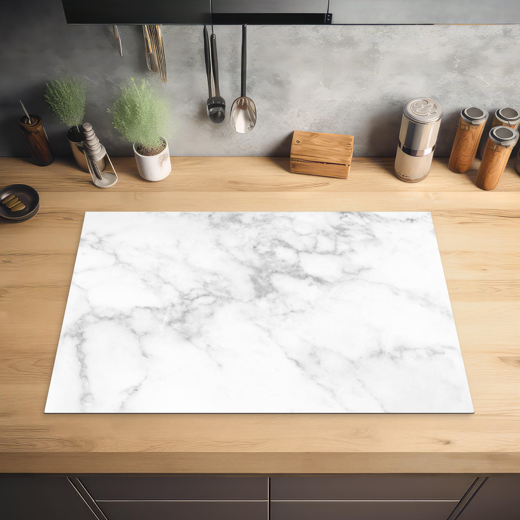 HERDABDECKPLATTE Marmor - Grau - Weiß - Strukturierter Marmor 77x51 cm - Weiß, Kunststoff (77/0.2/51cm) - MuchoWow
