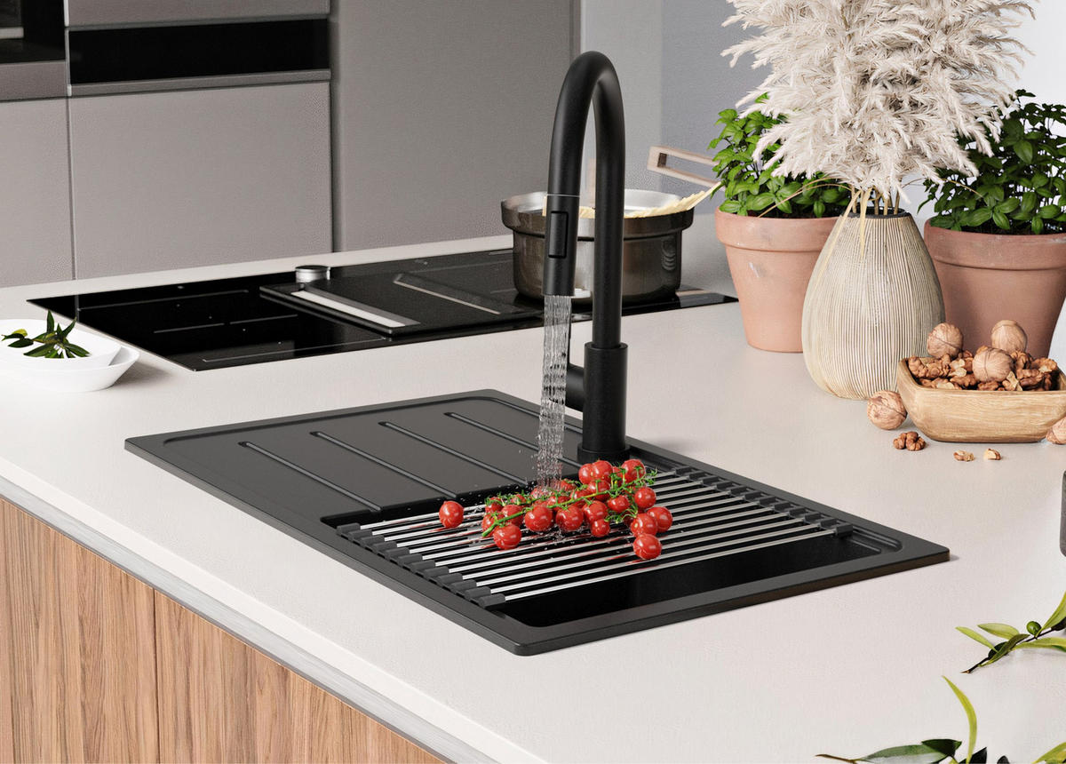 GRANITSPÜLE Kopenhagen Easy, 2-er set Schwarz 70/44 cm 1 Becken + Küchenarmatur 32/20 cm + Ablauf-Set ab 45er Unterschrank - Chromfarben/Schwarz, Kunststoff (70/20/44cm) - Primagran