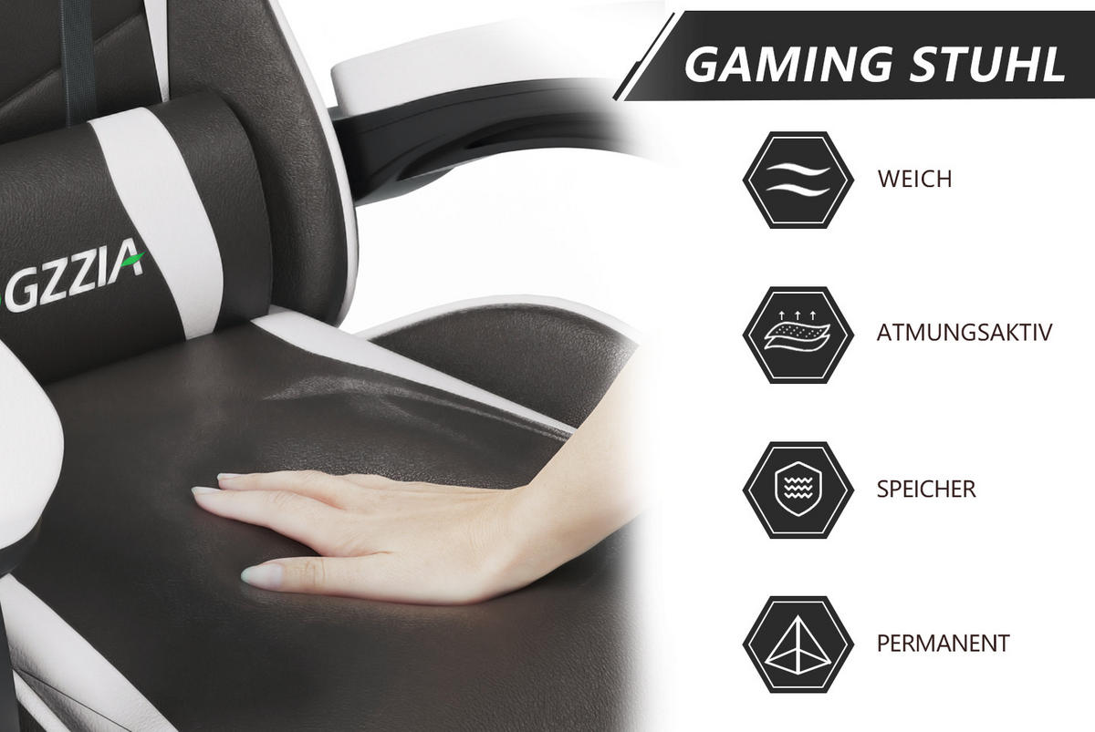 GAMING-STUHL ergonomisch, verstellbare Rückenlehne, Kissen – Schwarz/Weiß - Weiß, Leder (59/120/56cm) - Rattantree