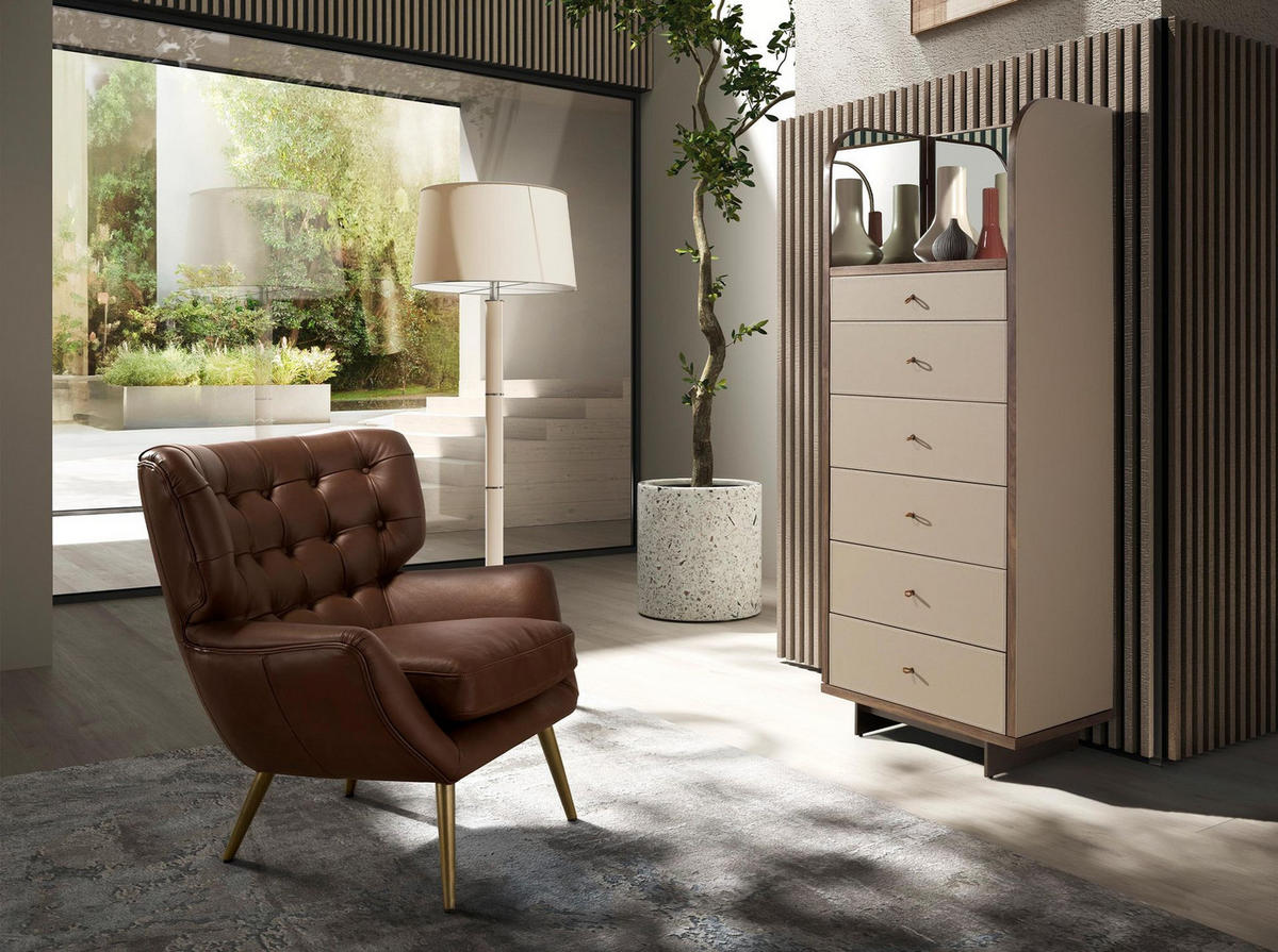 HIGHBOARD Chifonier Leder, Nussbaum und polierter Stahl mit Spiegel 65/42/168 cm - Silberfarben/Walnussfarben, Leder/Holz (65/168/42cm) - ANGEL CERDA