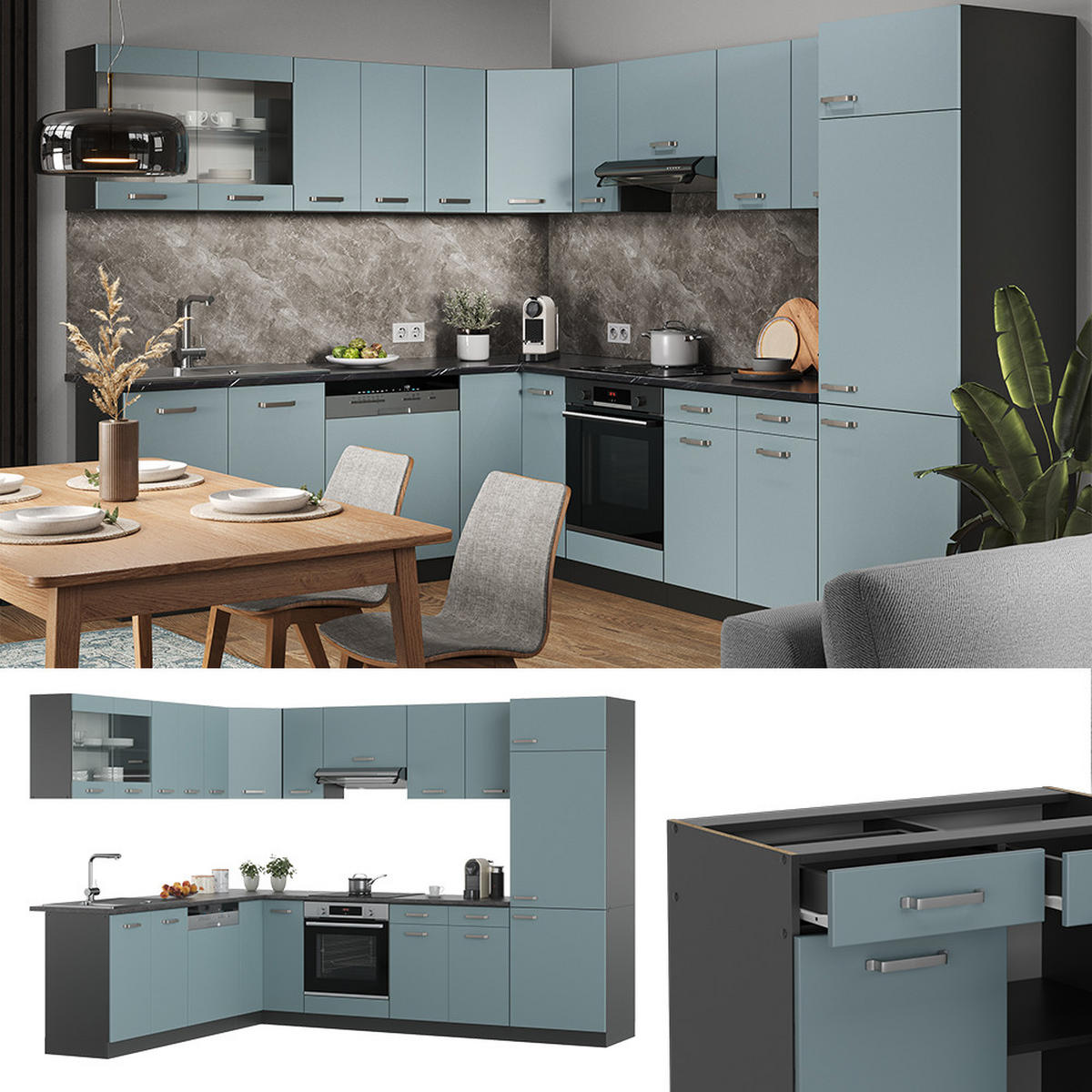 ECKKÜCHE R-Line Blau-Grau/Anthrazit 227 x 287 cm, AP Eiche - Anthrazit/Blaugrau, Holzwerkstoff (287/81.6/60cm) - Vicco