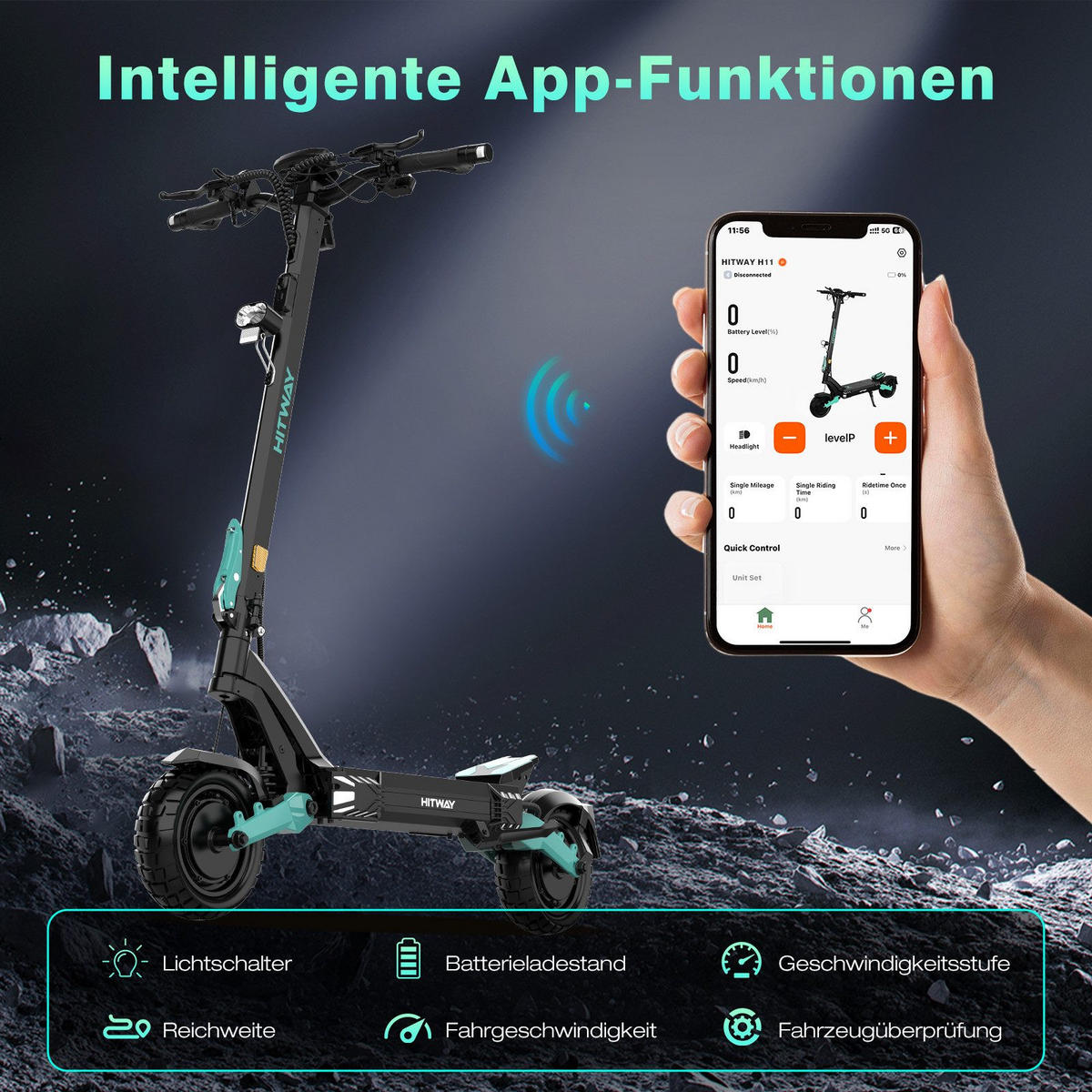 E-SCOOTER H11 ABE 23,4Ah Max 100km - Grün, Metall (68/134/125cm) - HITWAY