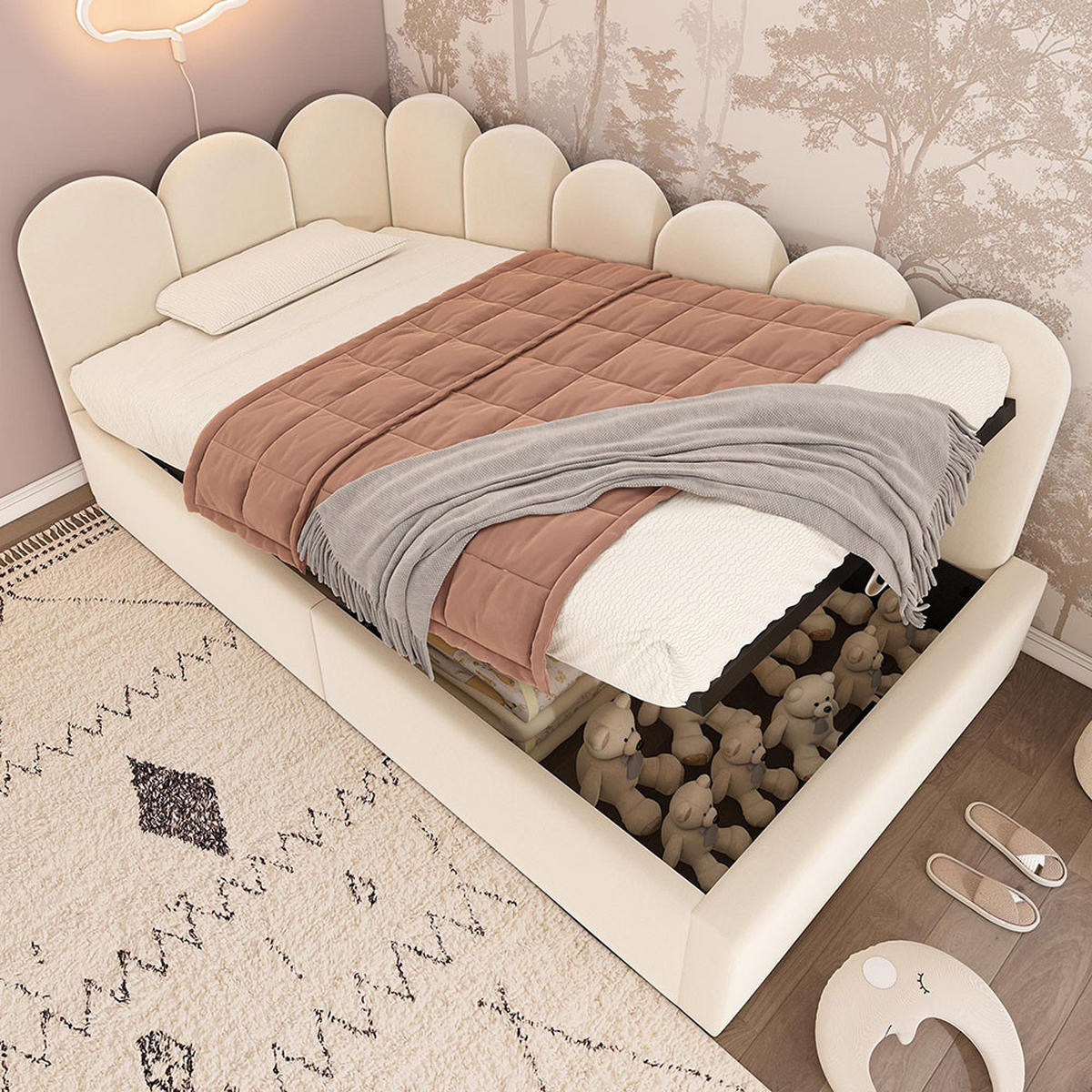 KINDERBETT 90x200 cm mit Metall-Lattenros in Beige - Beige, Textil/Metall (90/200cm) - KOMHTOM
