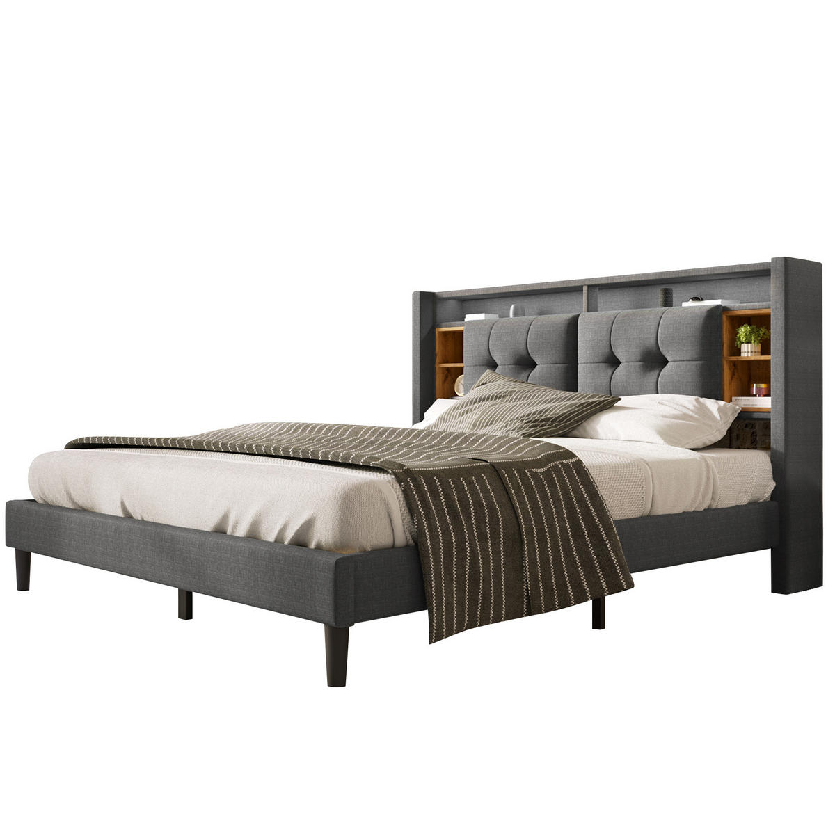 POLSTERBETT 140/200 cm mit LED, USB und Stauraum-Kopfteil in Grau - Grau, Holz (140/200cm) - BEAOK