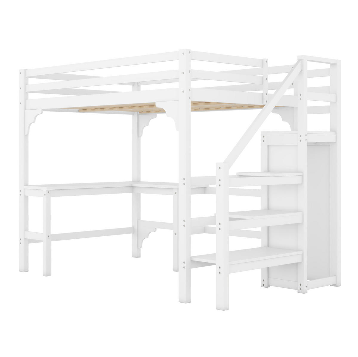 HOCHBETT 140/200 cm aus Kiefer und MDF mit L-förmigem Schreibtisch und offenem Kleiderschrank Weiß - Weiß, Holz (140/200cm) - Modenvie