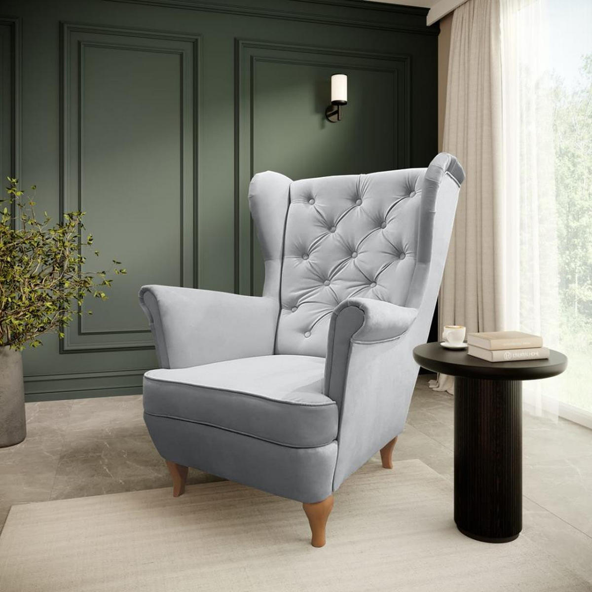 CHESTERFIELD-SESSEL Falco hellgrau mit Holzbeinen - Buchefarben/Hellgrau, Holz/Textil (82/102/92cm) - Beautysofa