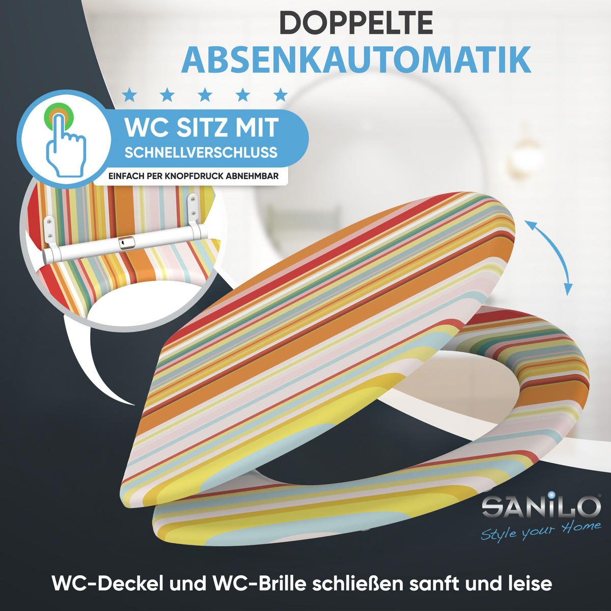WC-SITZ mit Absenkautomatik & Top Fix Starstripes - Multicolor, Holzwerkstoff (37.7/5.5/48cm) - Sanilo