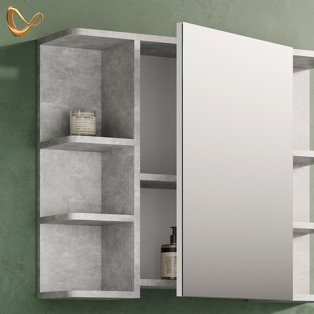 BADMÖBEL-SET Fucino Beton 3 Teile, mit Hochschrank - Schieferfarben/Weiß, Holzwerkstoff (60/54/32cm) - Livinity®