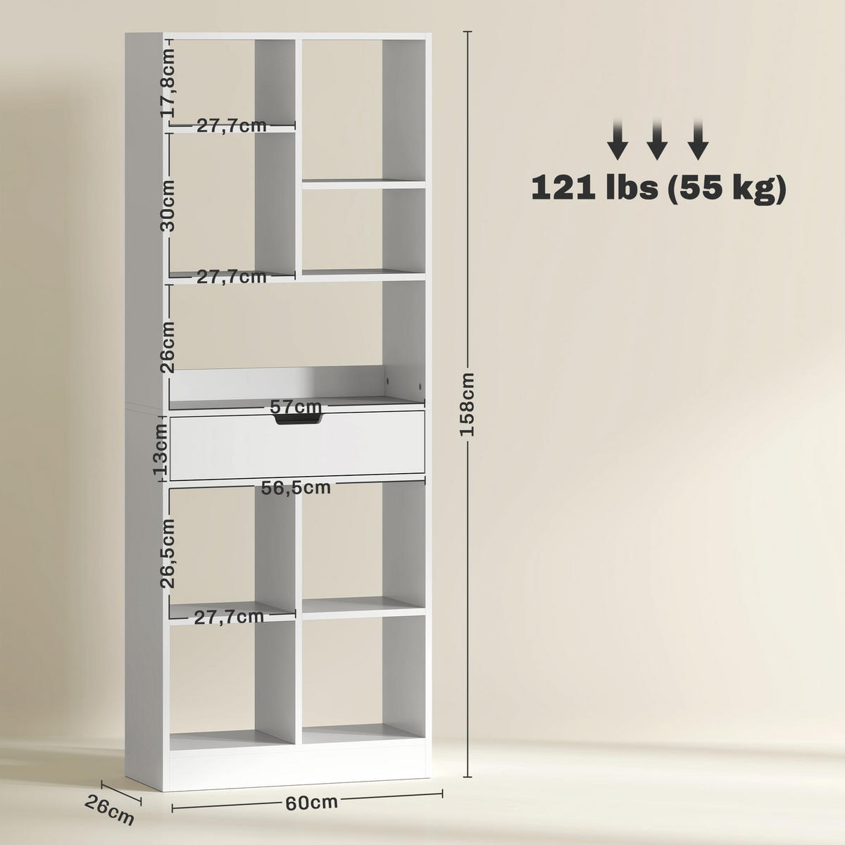 BÜCHERREGAL Standregal mit 9 Regalen, 1 Schublade, Aufbewahrungsregal Weiß - Weiß, Holz/Holzwerkstoff (26/158/60cm) - HOMCOM