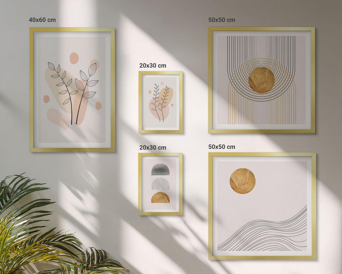 WANDBILDER 5er Set - 50x50 cm & 20x30 cm & 40x60 cm Goldrahmen - Berge, Wasserfälle, Vögel, Blumen - Goldfarben, Kunststoff (40/60cm) - ArtPrintCave
