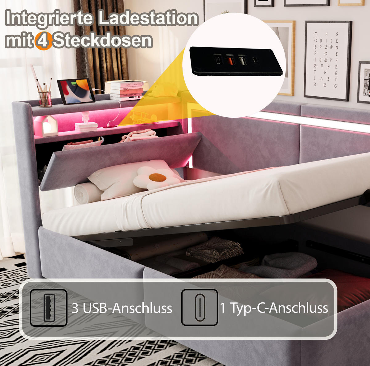 POLSTERBETT 90/200 cm aus Samt mit LED-Beleuchtung, USB-Anschluss und hydraulischem Bettkasten, Hellgrau - Hellgrau, Holzwerkstoff (90/200cm) - Redom
