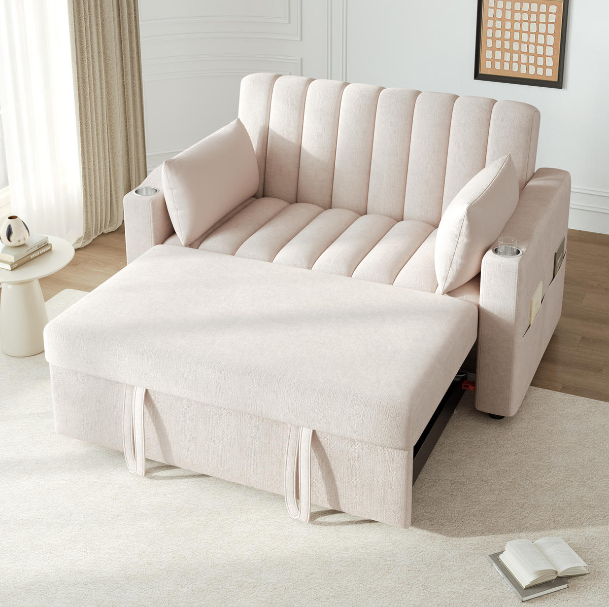 SCHLAFSOFA 136/162 cm in Beige – verstellbar mit Getränkehaltern - Beige, Textil (136/84/162cm) - BEAOK