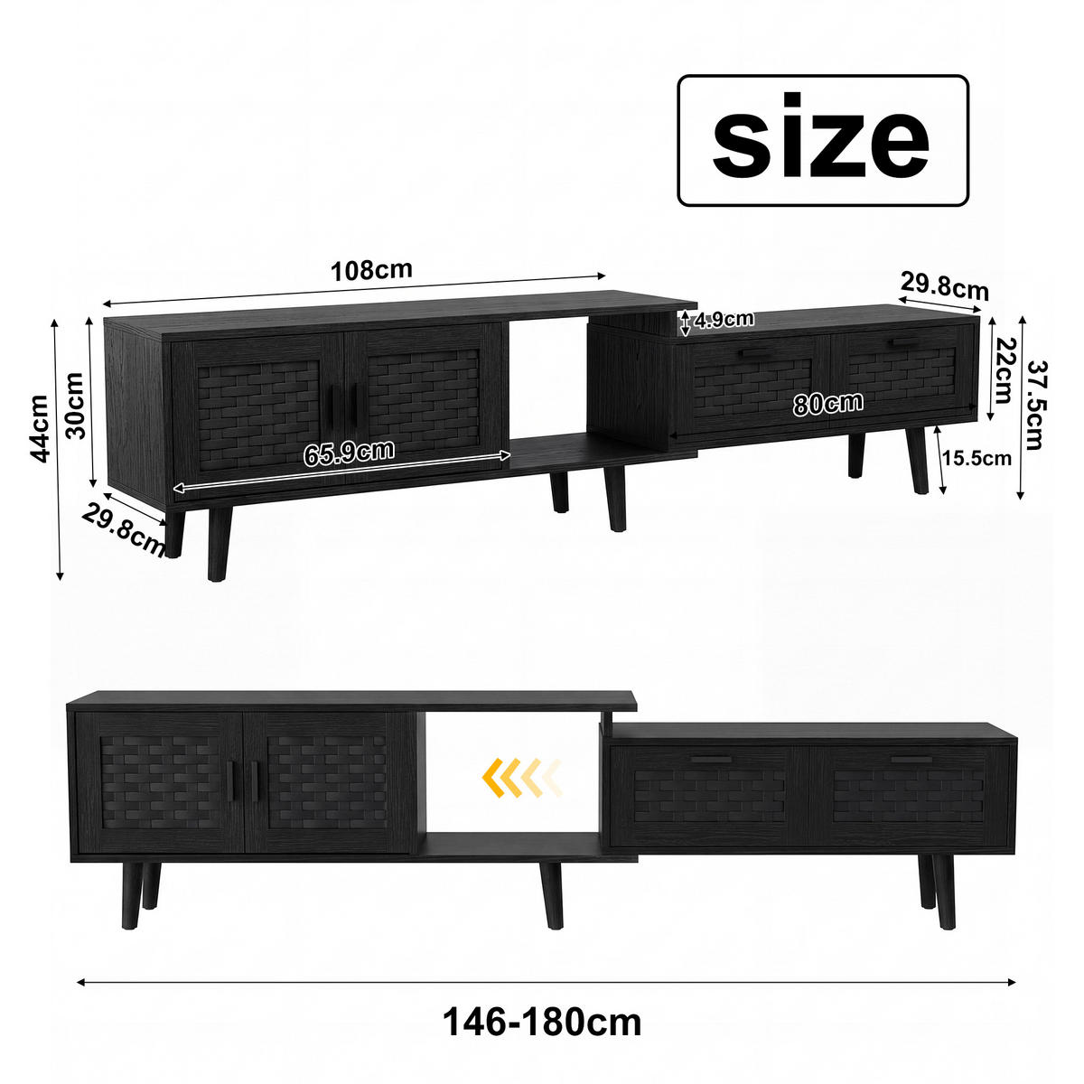 TV LOWBOARD ausziehbar 146–180 cm 2 Türen 2 Schubladen schwarz - Schwarz, Holz (180/44/29.8cm) - LEBENLANG