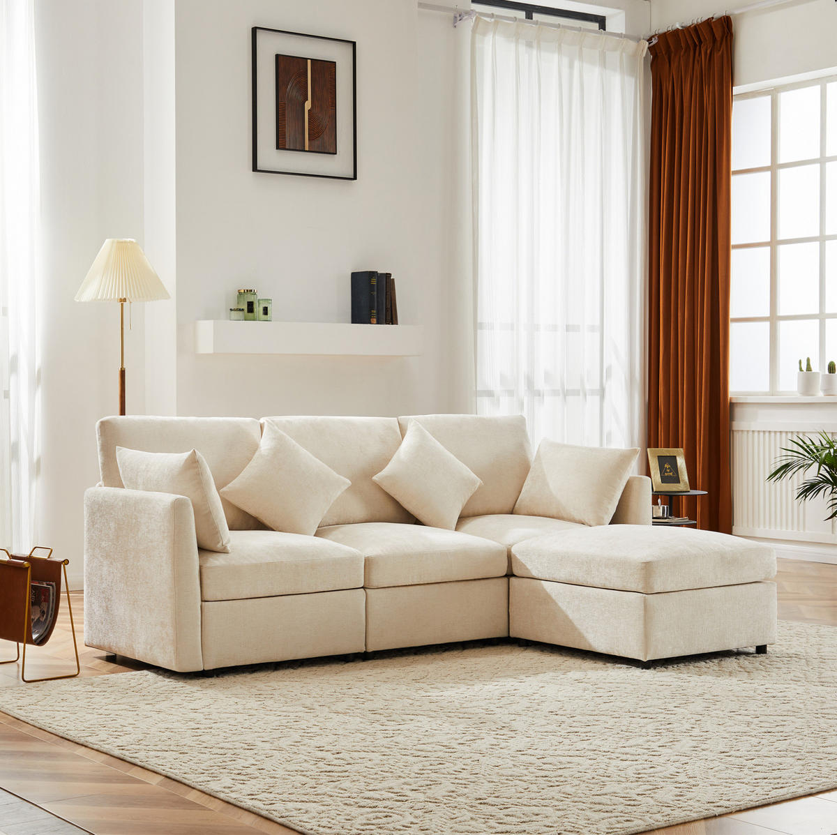ECKSOFA Chenille mit Hocker 216/161/81 cm Beige inklusive 4 Kissen - Beige, Textil (161/216cm) - Redom