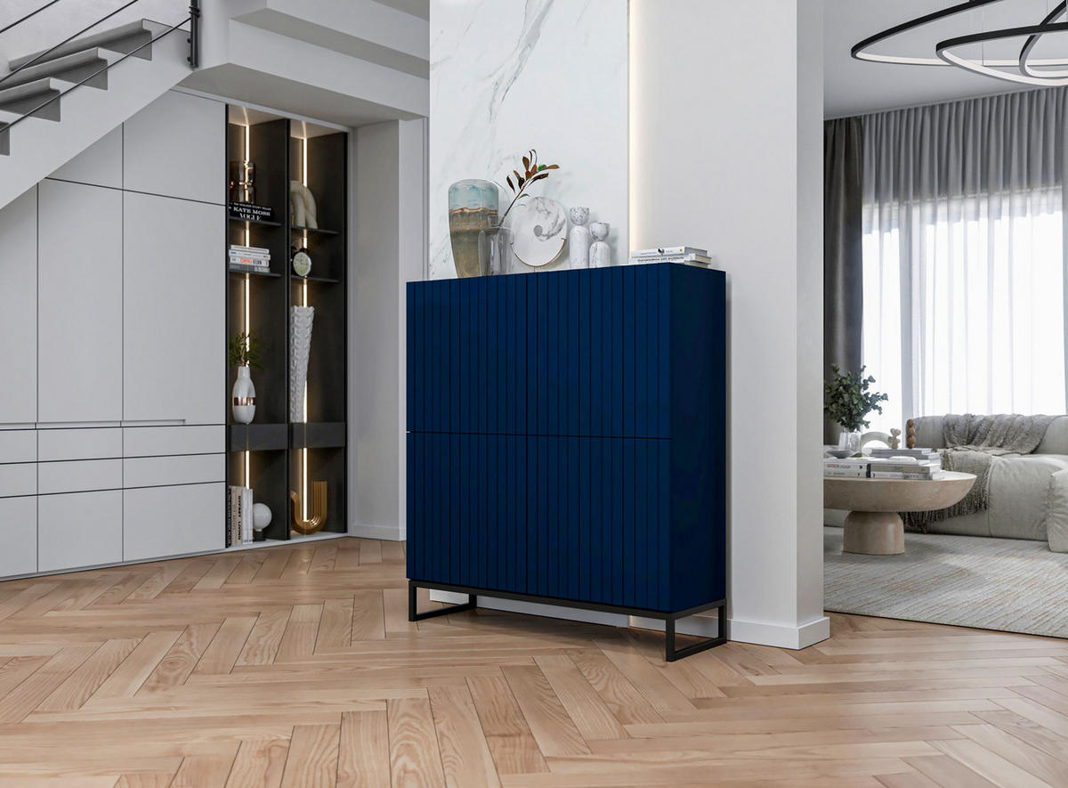 KOMMODE Elpis 4D Marineblau Matt mit metallrahmen Glamour 112 cm - Blau/Schwarz, Holzwerkstoff/Metall (112/126/36.5cm) - Meble Lindner