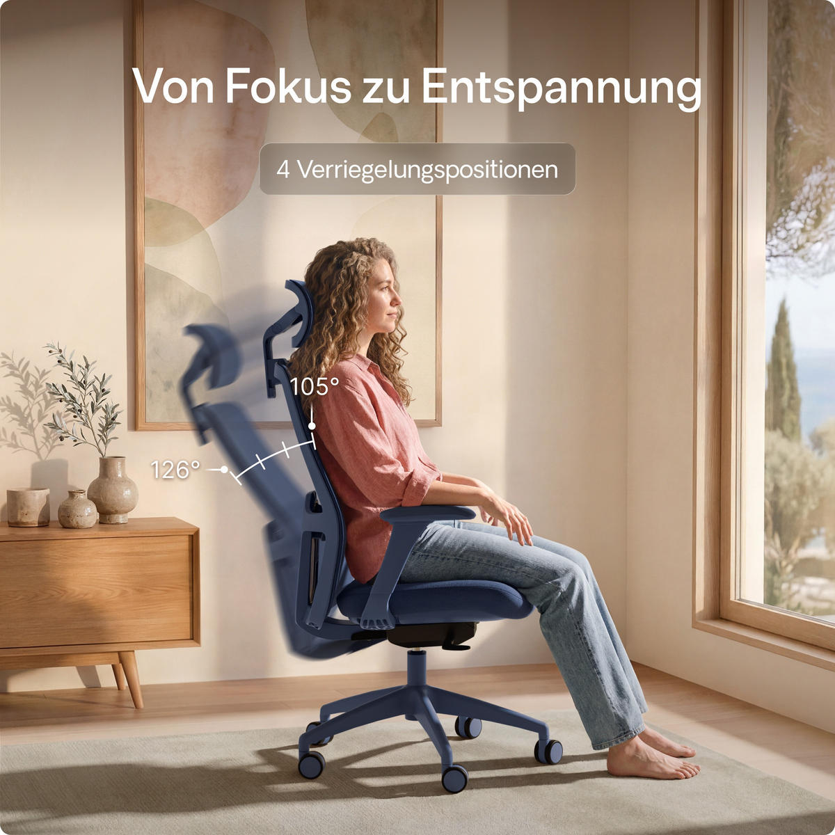 BÜROSTUHL Verstellbarer Ergonomischer SitOne Blau 4-Dimensional Armlehne, Integrierte 4-Wege-Lendenwirbelstütze - Blau, Kunststoff (60/125/68cm) - Desktronic