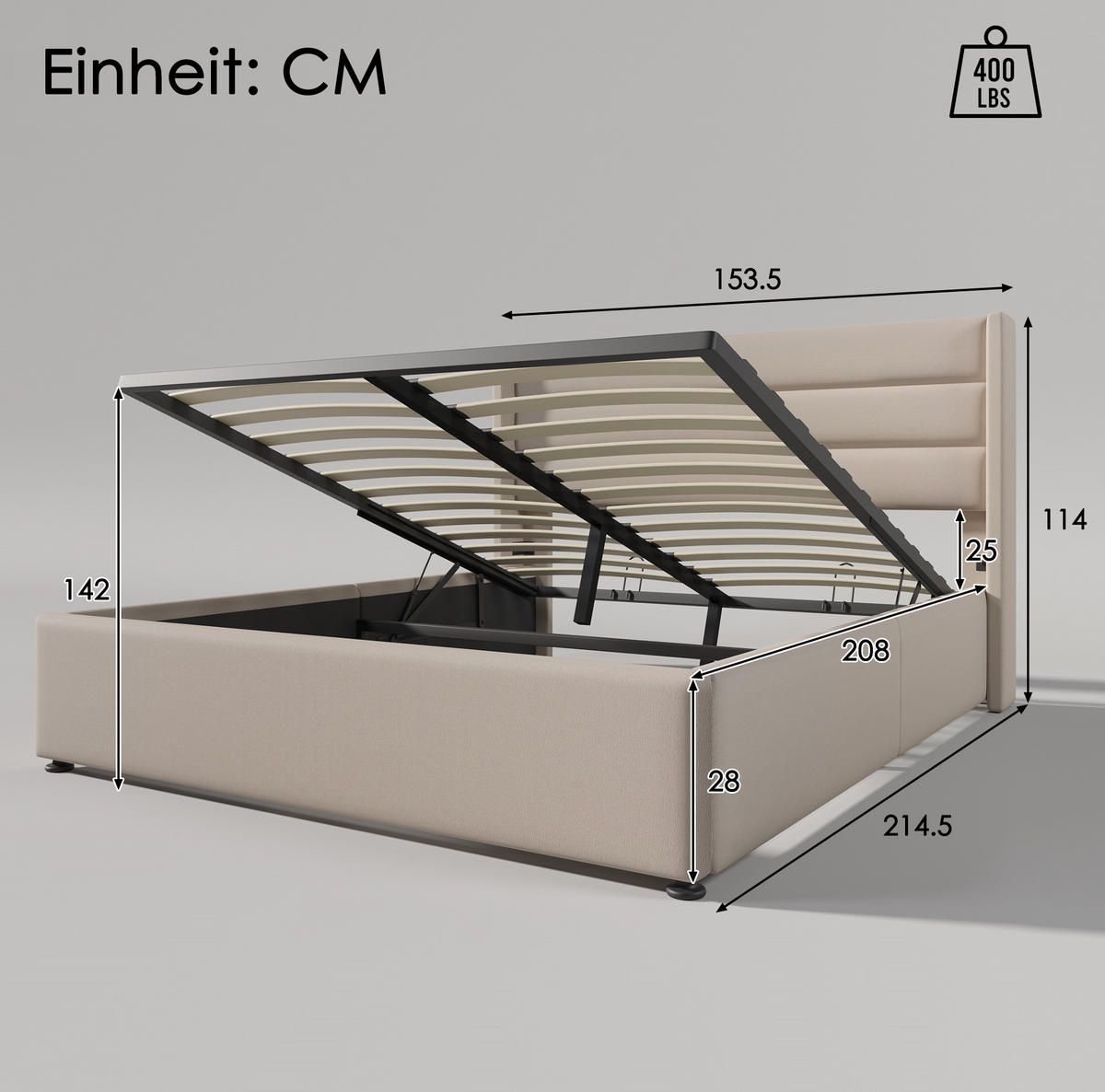 POLSTERBETT aus Leinen 140x200 cm in Beige mit Matratze & Stauraum - Beige, Textil (140/200cm) - Modfu