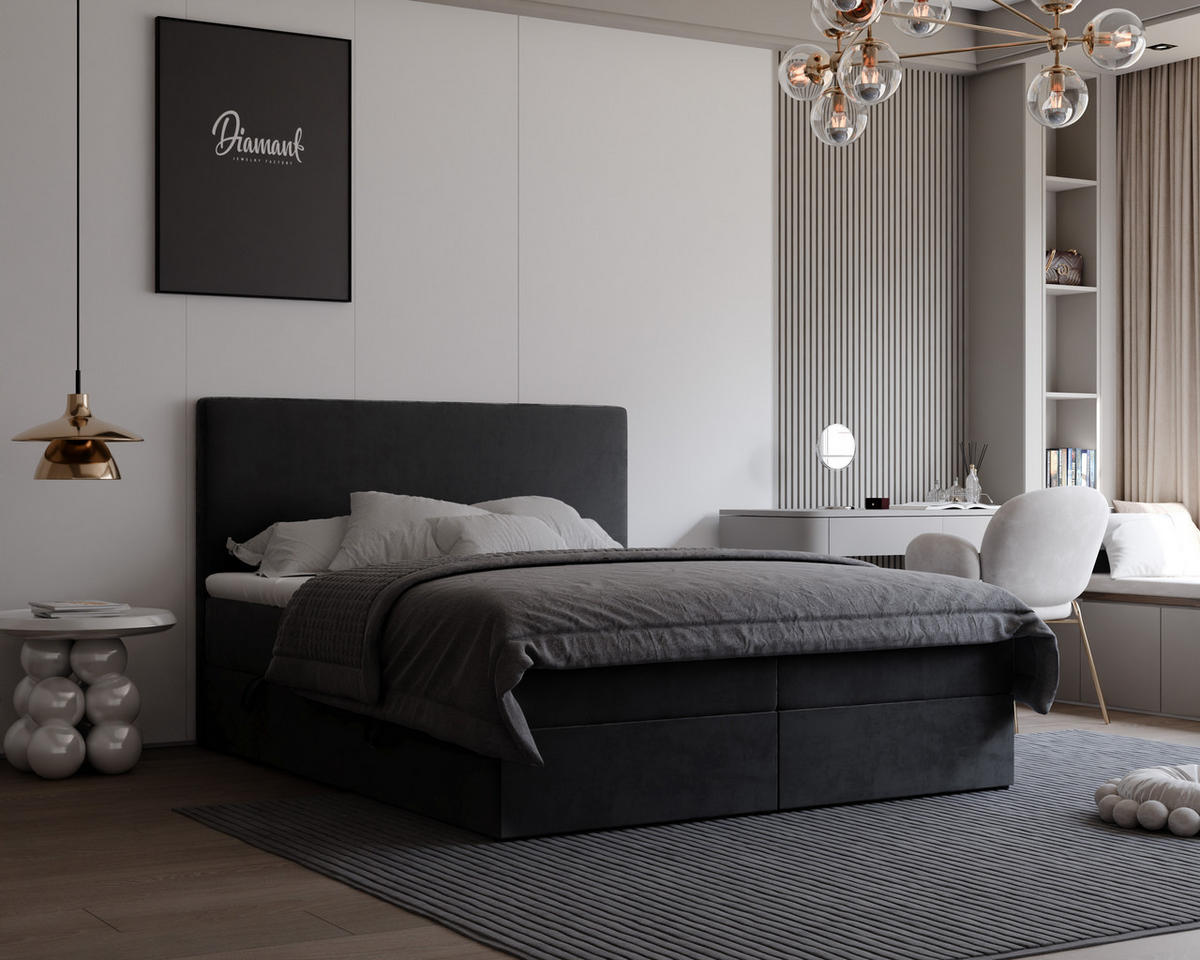 BOXBETT GIULIA 160/200 cm mit Matratze und Topper, Schwarz - Schwarz, Textil (160/200cm) - Idohome