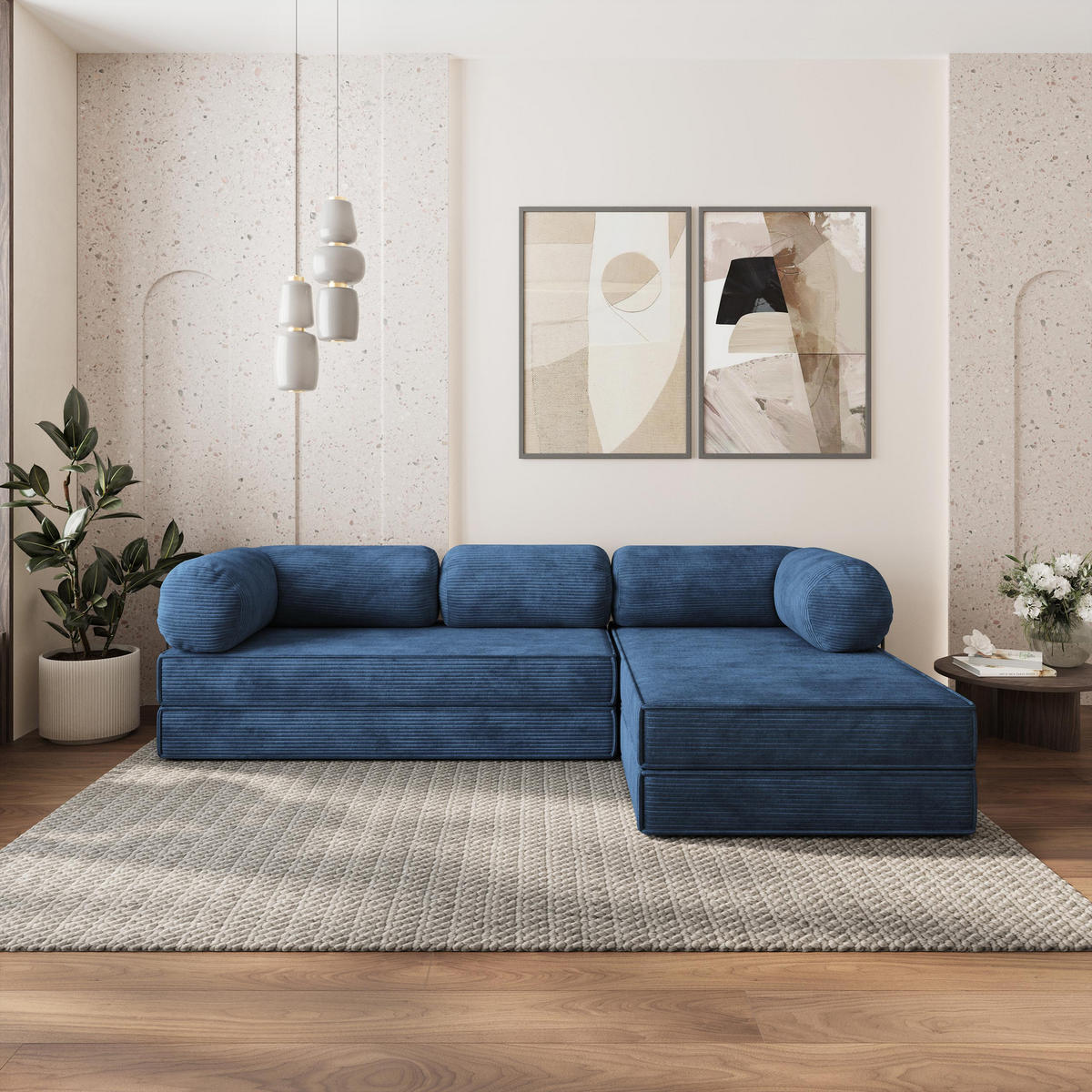 ROHOVÁ SEDAČKA ETERA modulární Boneless pohovka s funkcí spaní, modrá POSO 05 - modrá, textil (270/160cm) - MASSENO