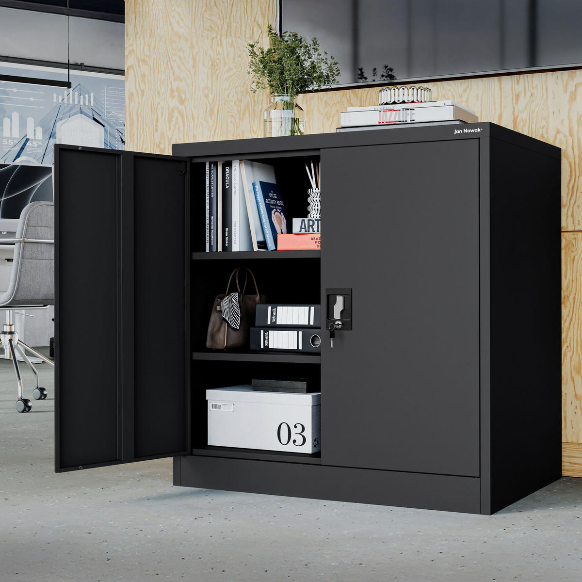 METALLSCHRANK mit Schloss für Büro und Werkstatt BEATA D600 - Schwarz, Metall (93/90/60cm) - Jan Nowak
