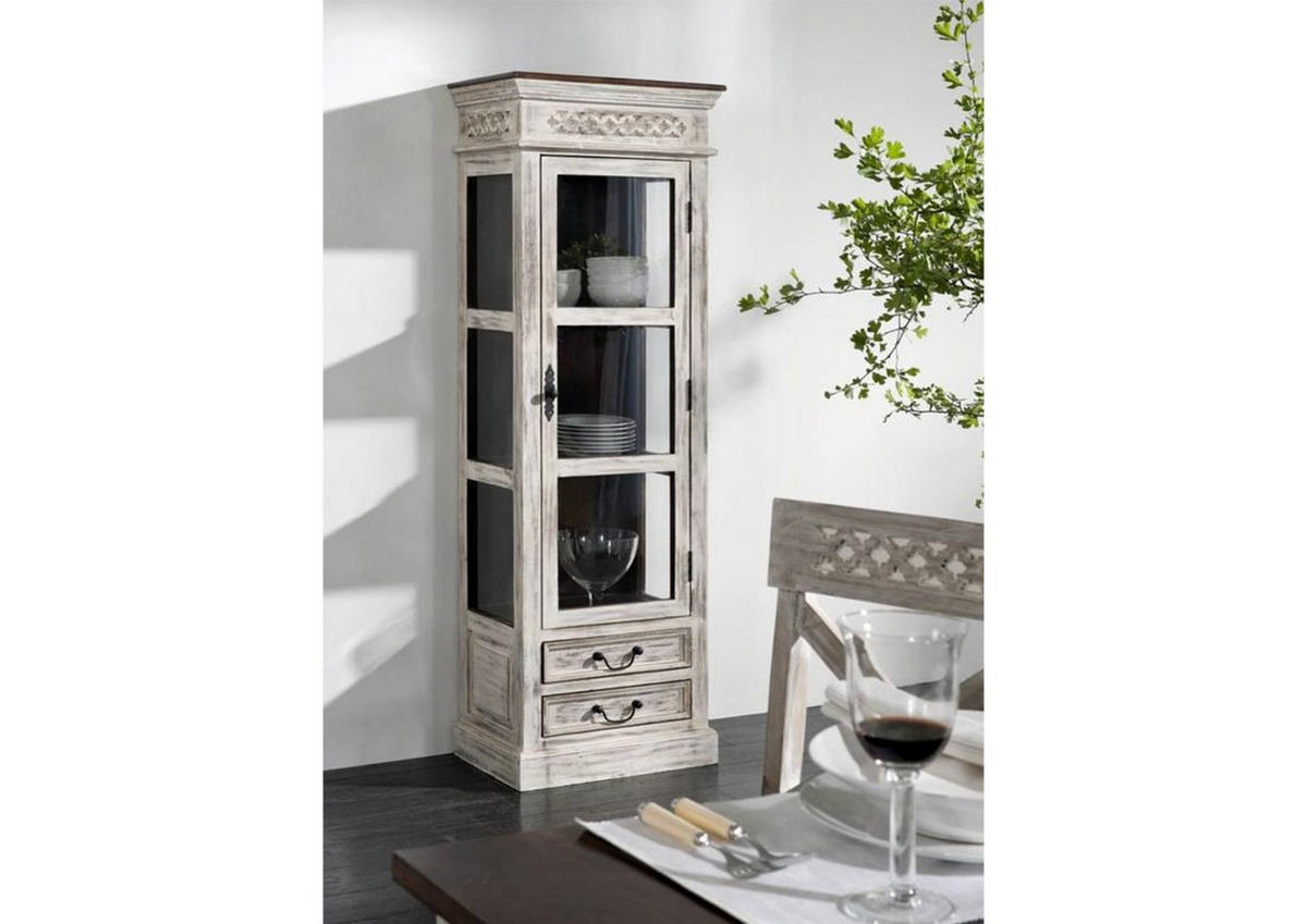 VITRINE Mango / Akazie 55x40x165 weiß gewachst CASTLE-ANTIK #207 - Weiß, Holz (55/165/40cm) - Massivmoebel24