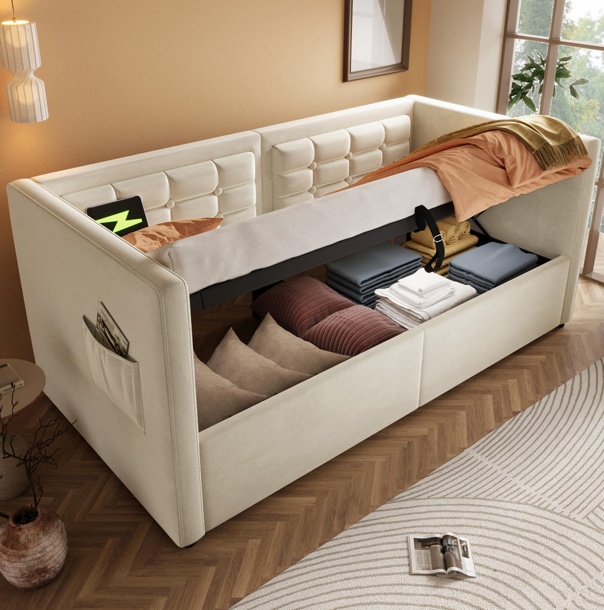 SCHLAFSOFA aus Samt 90x200 cm Beige mit hydraulischem Stauraum, USB- und Type-C-Ladestation - Beige, Textil (90/200cm) - IVMEU